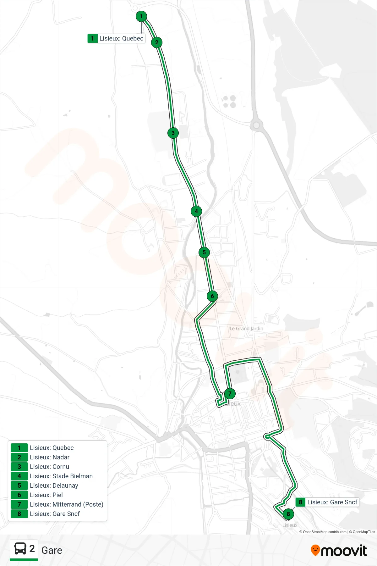 Recorrido y paradas de la línea 2 de autobús (Gare) en el mapa