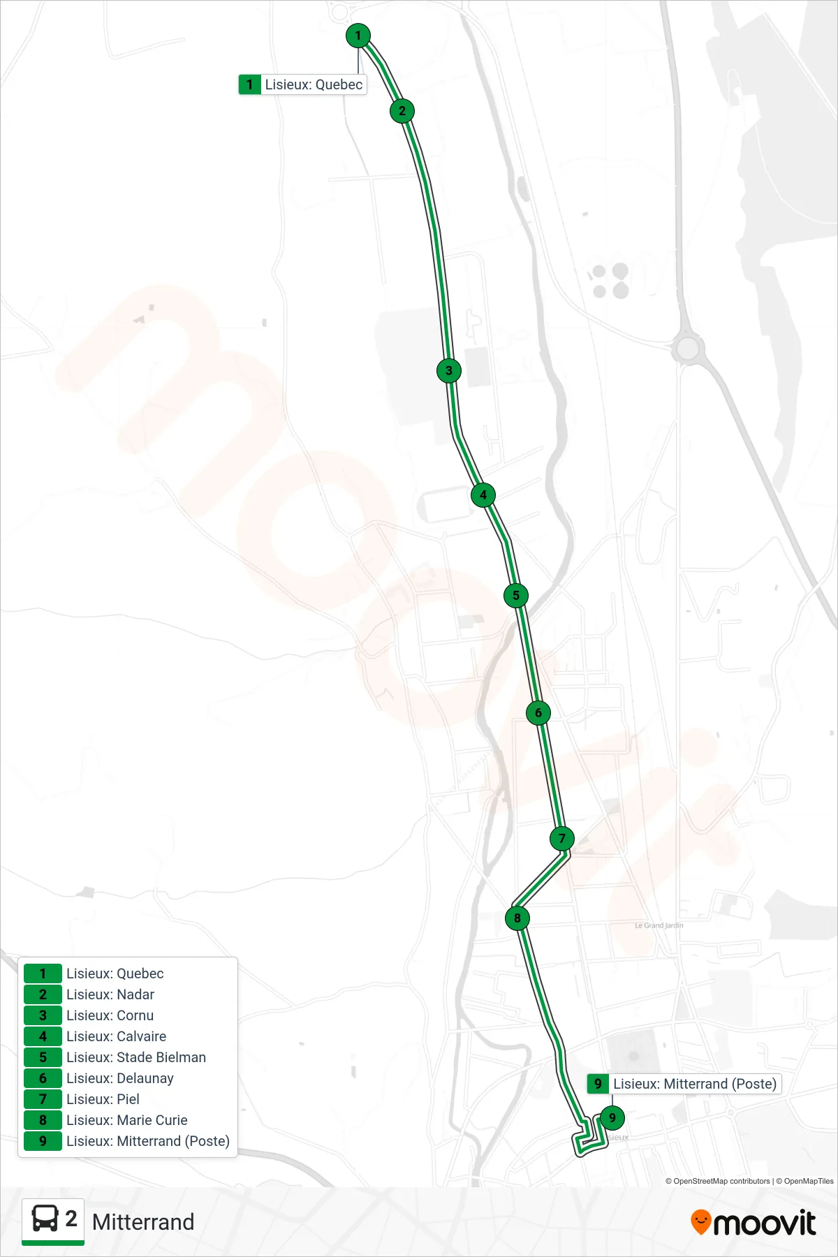 Tracé et arrêts de la ligne 2 de bus (Mitterrand) sur une carte