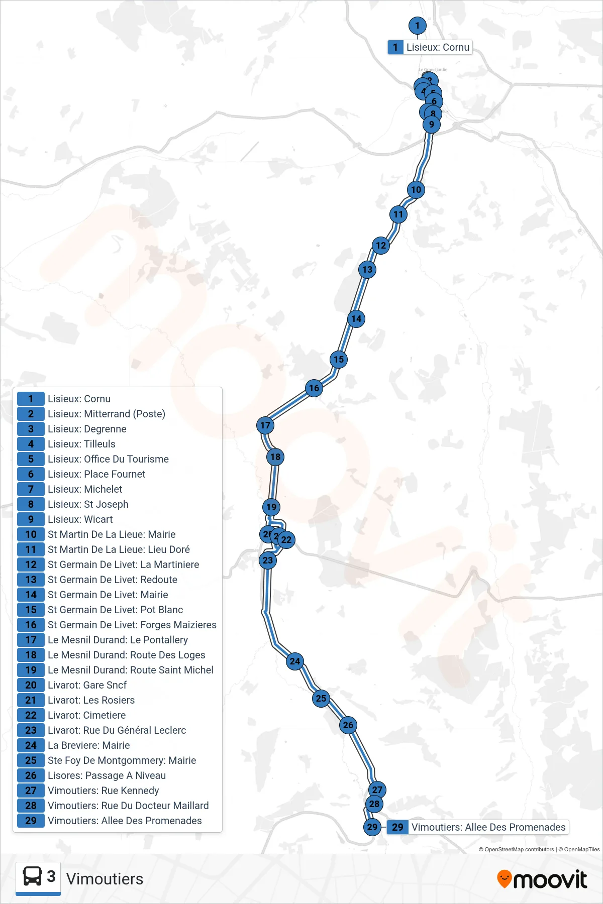 Tracé et arrêts de la ligne 3 de bus (Vimoutiers) sur une carte