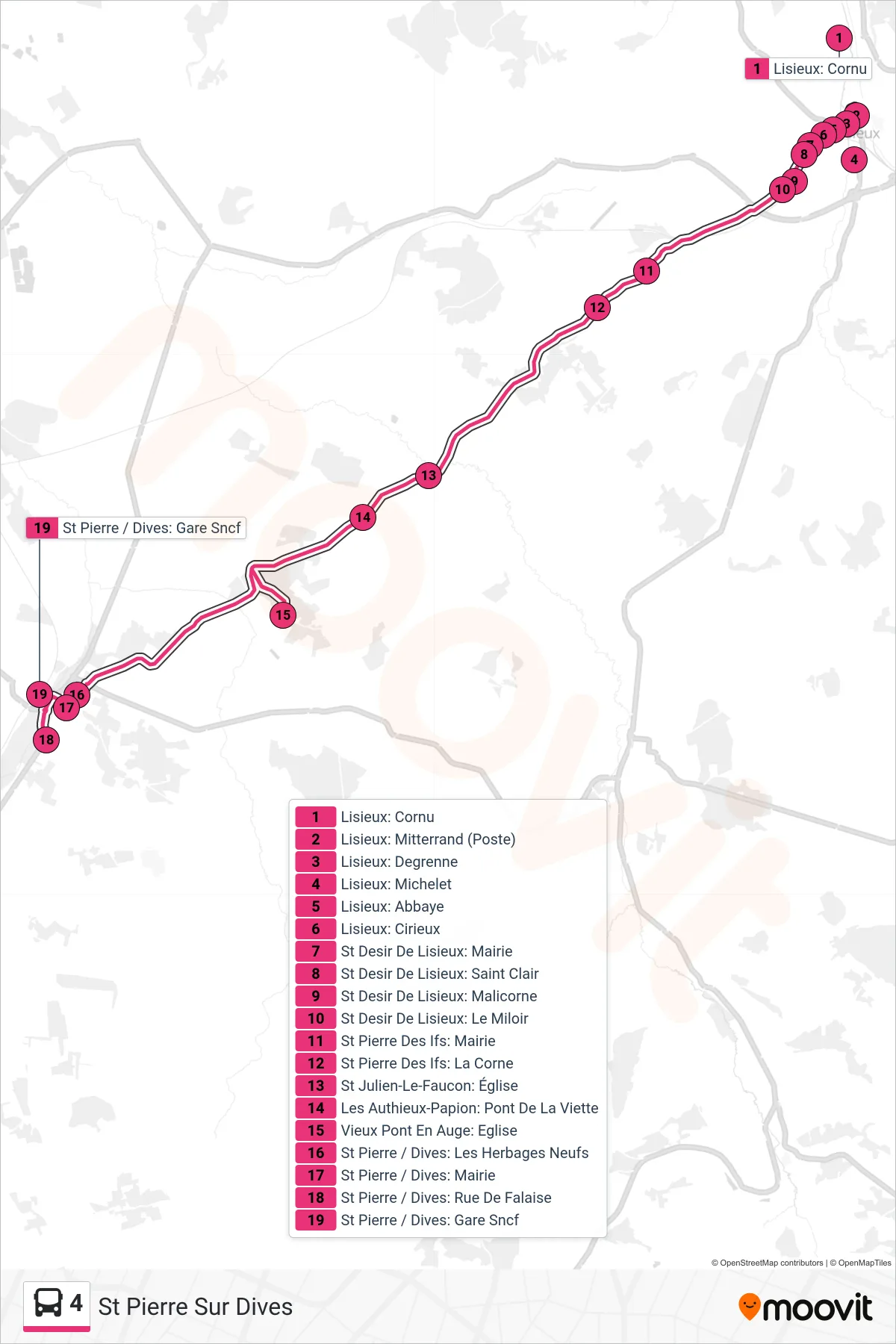Tracé et arrêts de la ligne 4 de bus (St Pierre Sur Dives) sur une carte