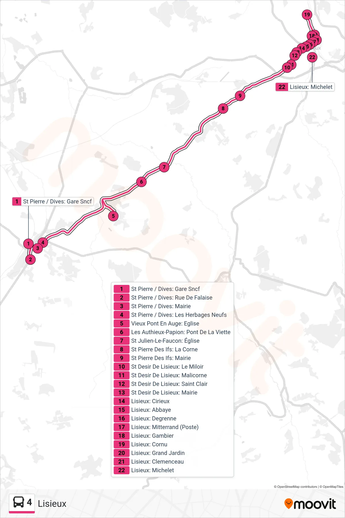 Tracé et arrêts de la ligne 4 de bus (Lisieux) sur une carte