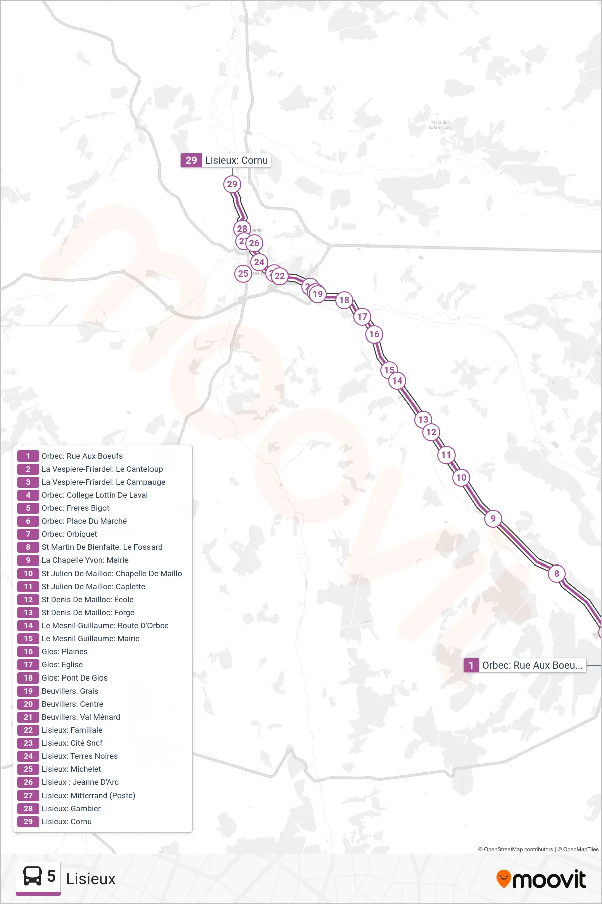 Tracé et arrêts de la ligne 5 de bus (Lisieux) sur une carte