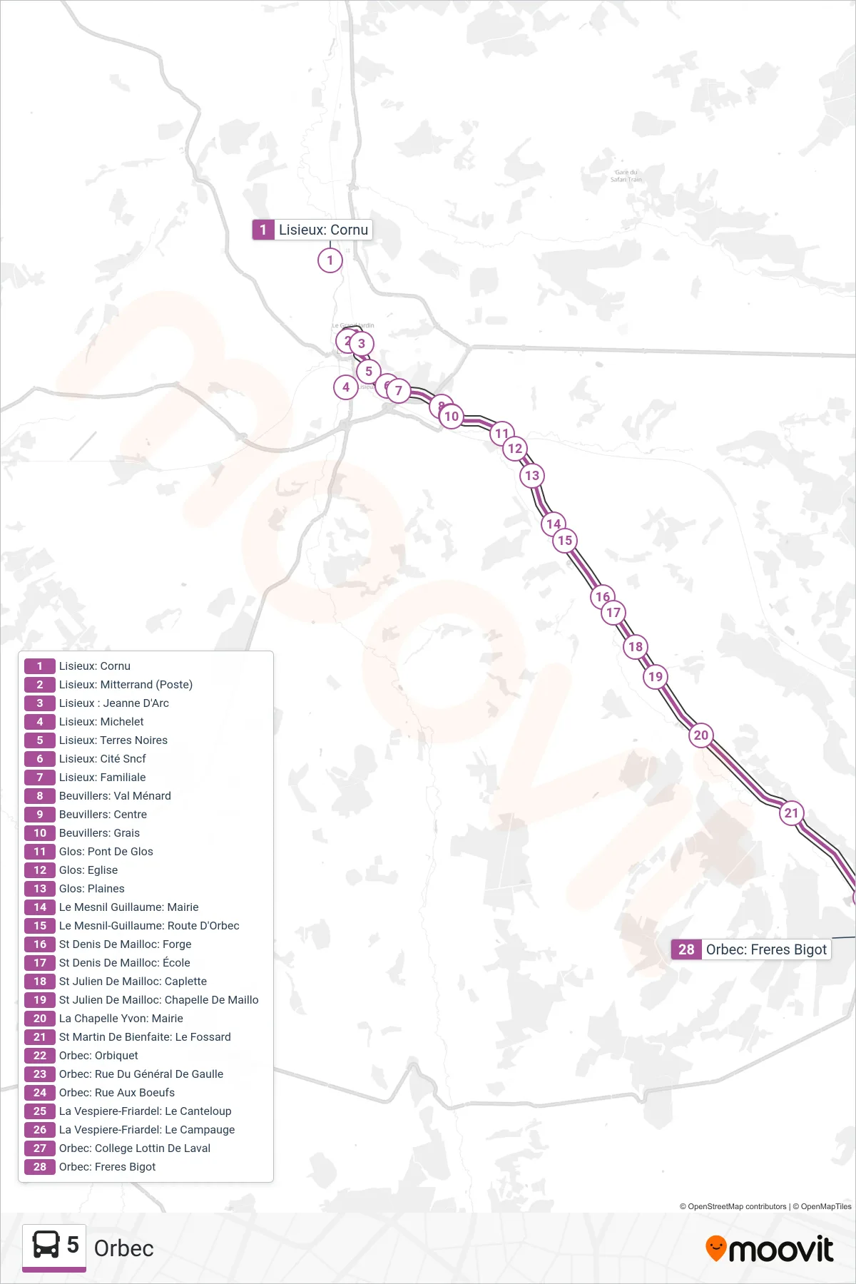 Recorrido y paradas de la línea 5 de autobús (Orbec) en el mapa