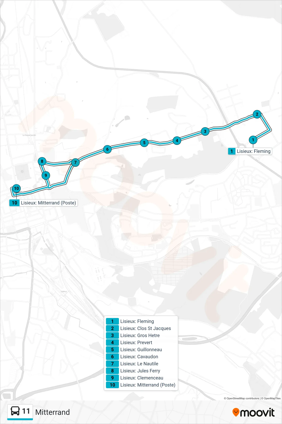 Tracé et arrêts de la ligne 11 de bus (Mitterrand) sur une carte