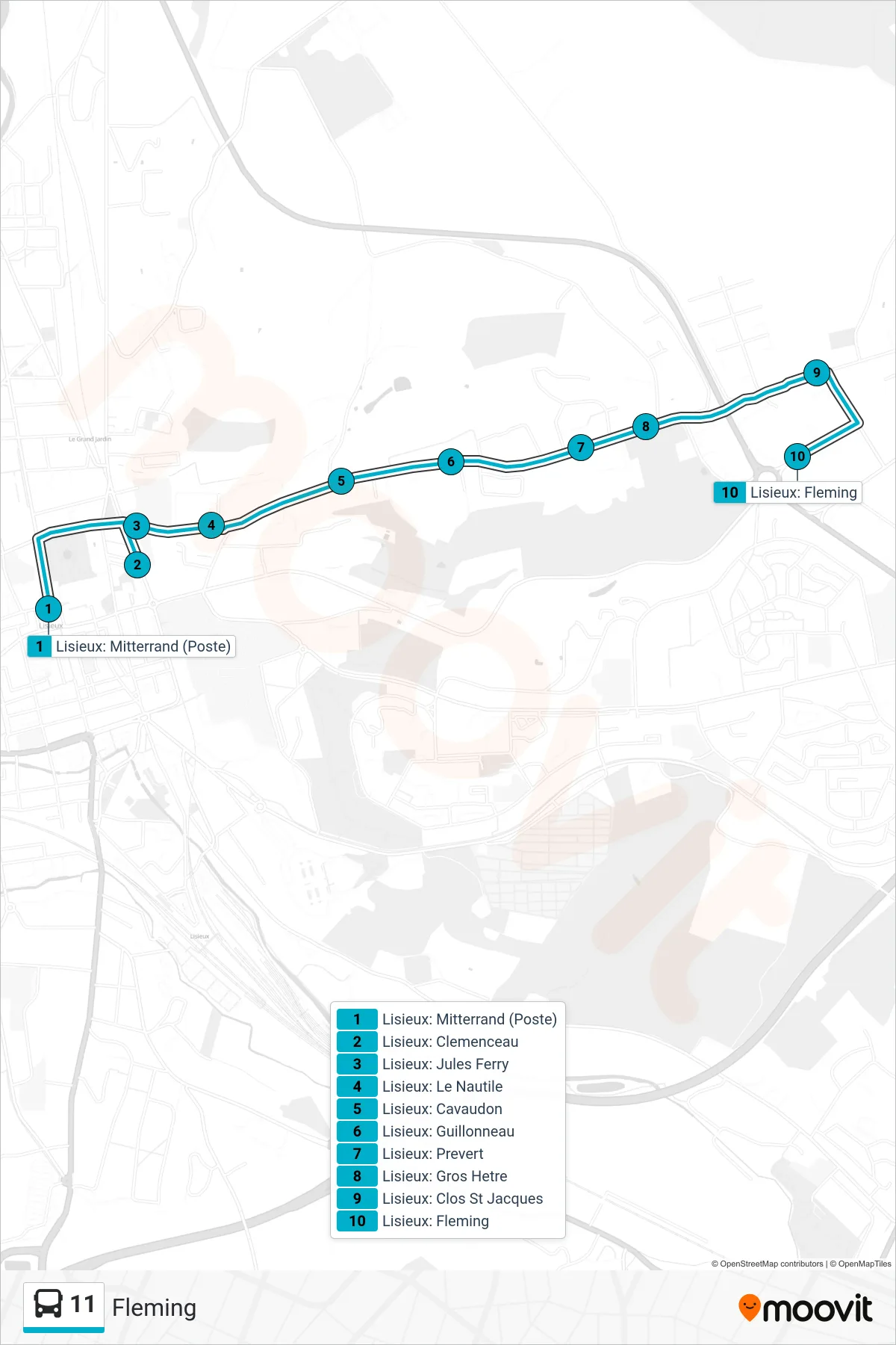 Tracé et arrêts de la ligne 11 de bus (Fleming) sur une carte