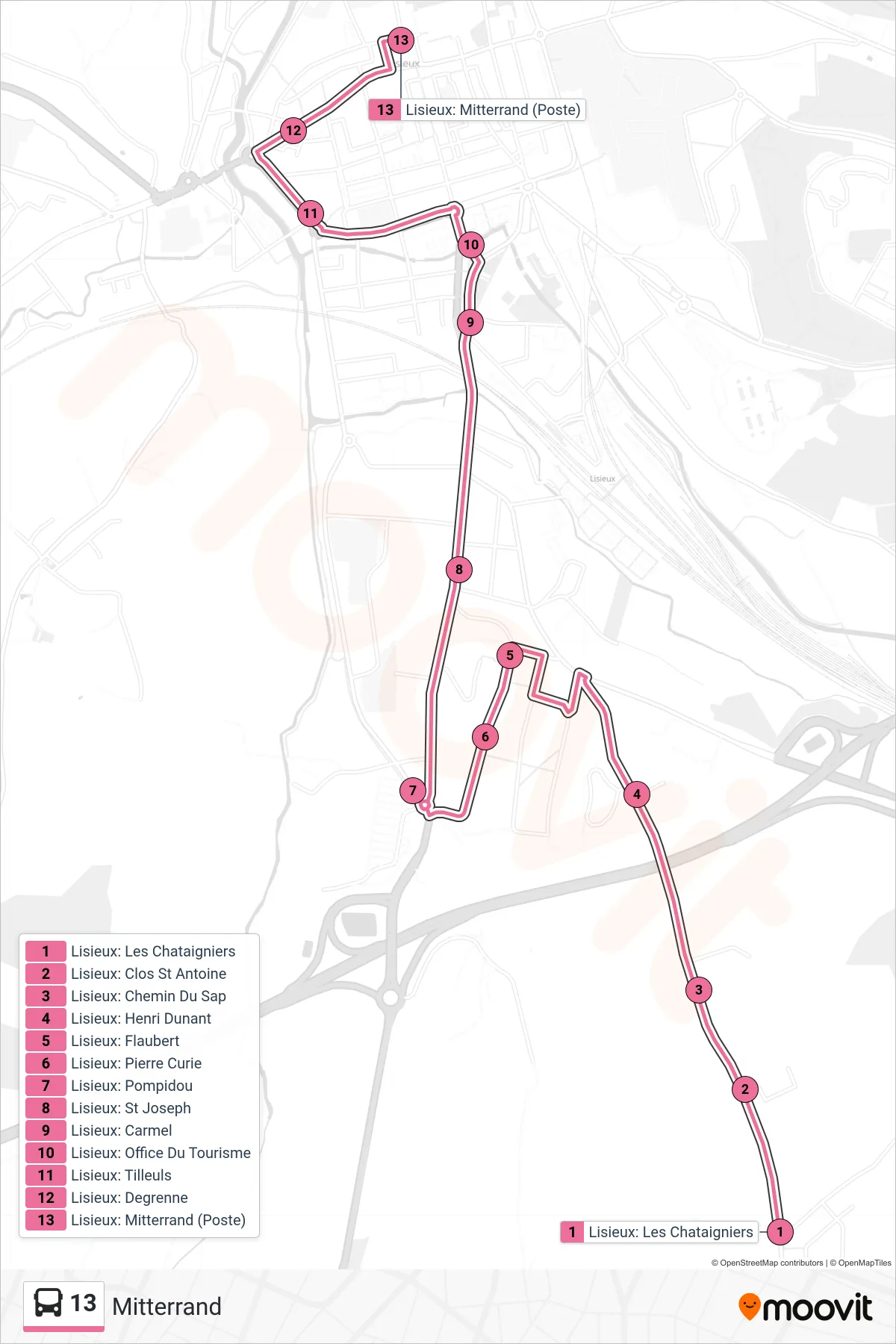Tracé et arrêts de la ligne 13 de bus (Mitterrand) sur une carte