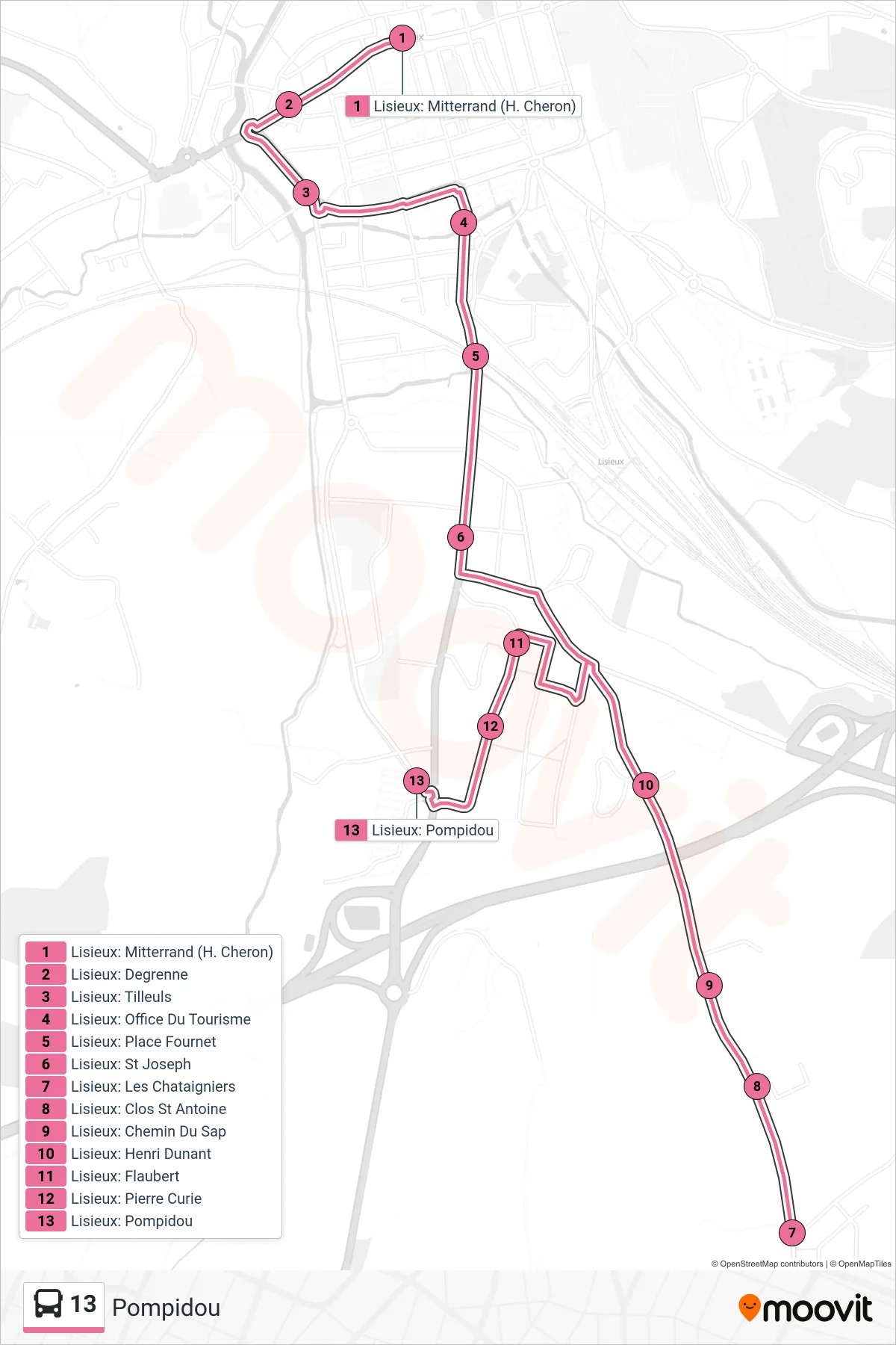 Tracé et arrêts de la ligne 13 de bus (Pompidou) sur une carte