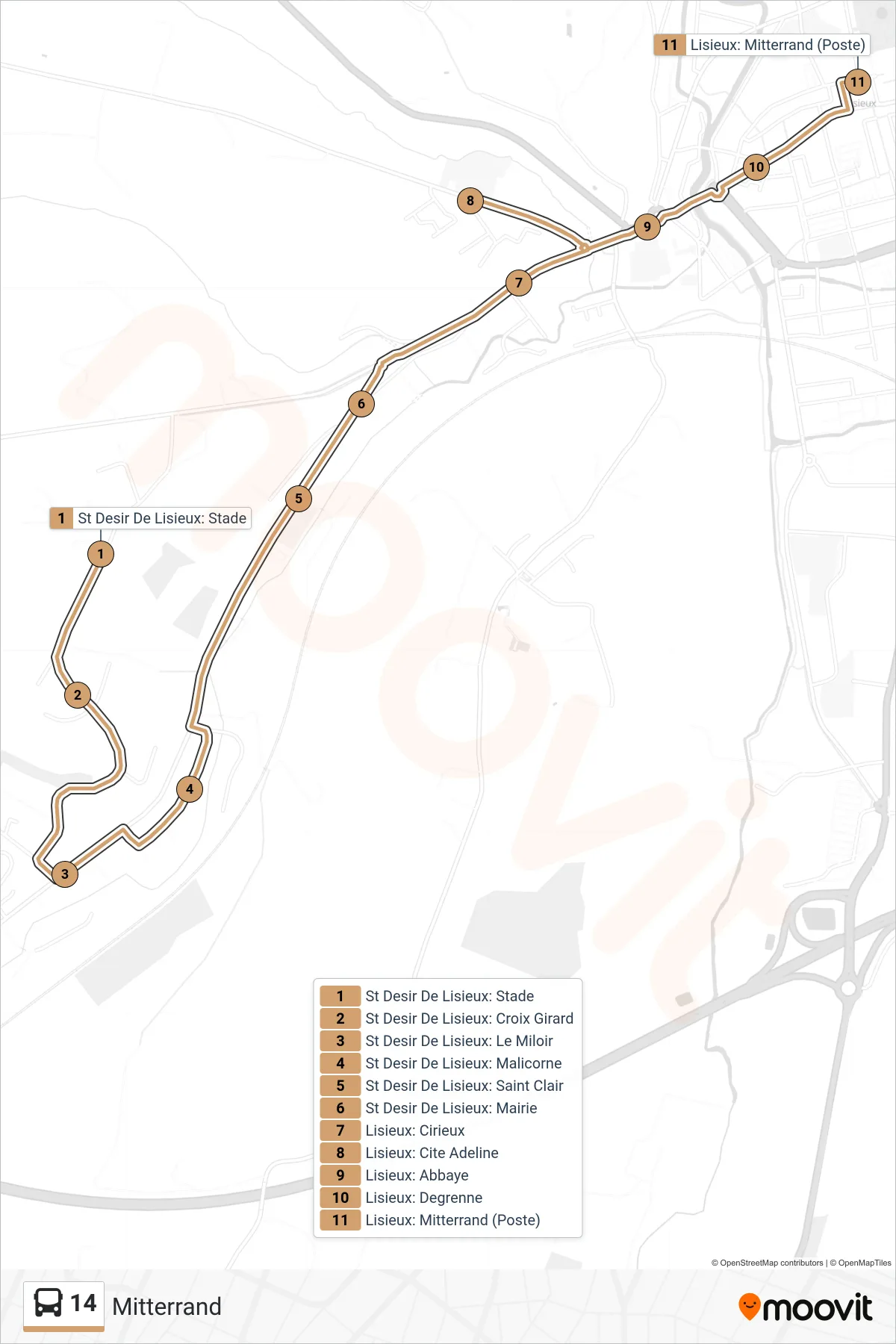Tracé et arrêts de la ligne 14 de bus (Mitterrand) sur une carte