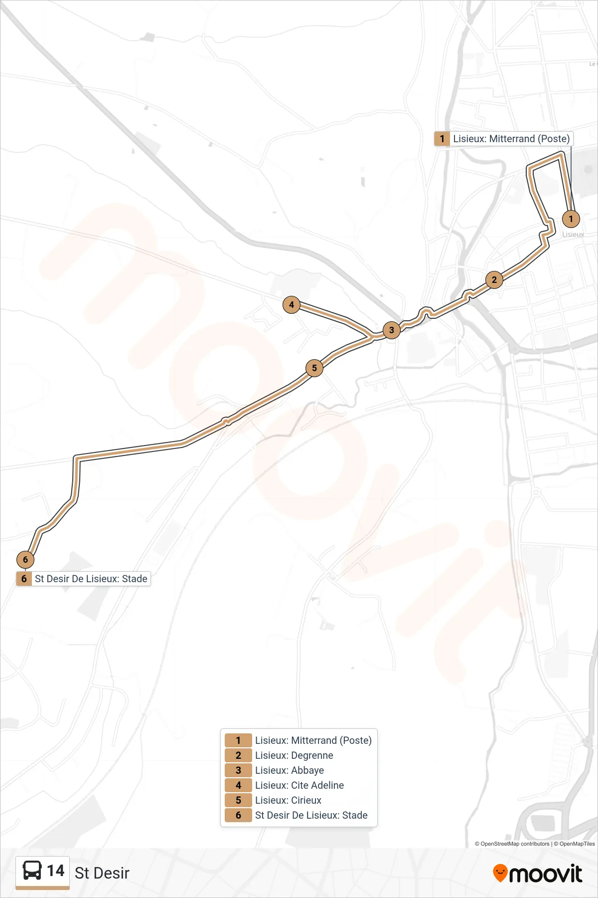 Tracé et arrêts de la ligne 14 de bus (St Desir) sur une carte