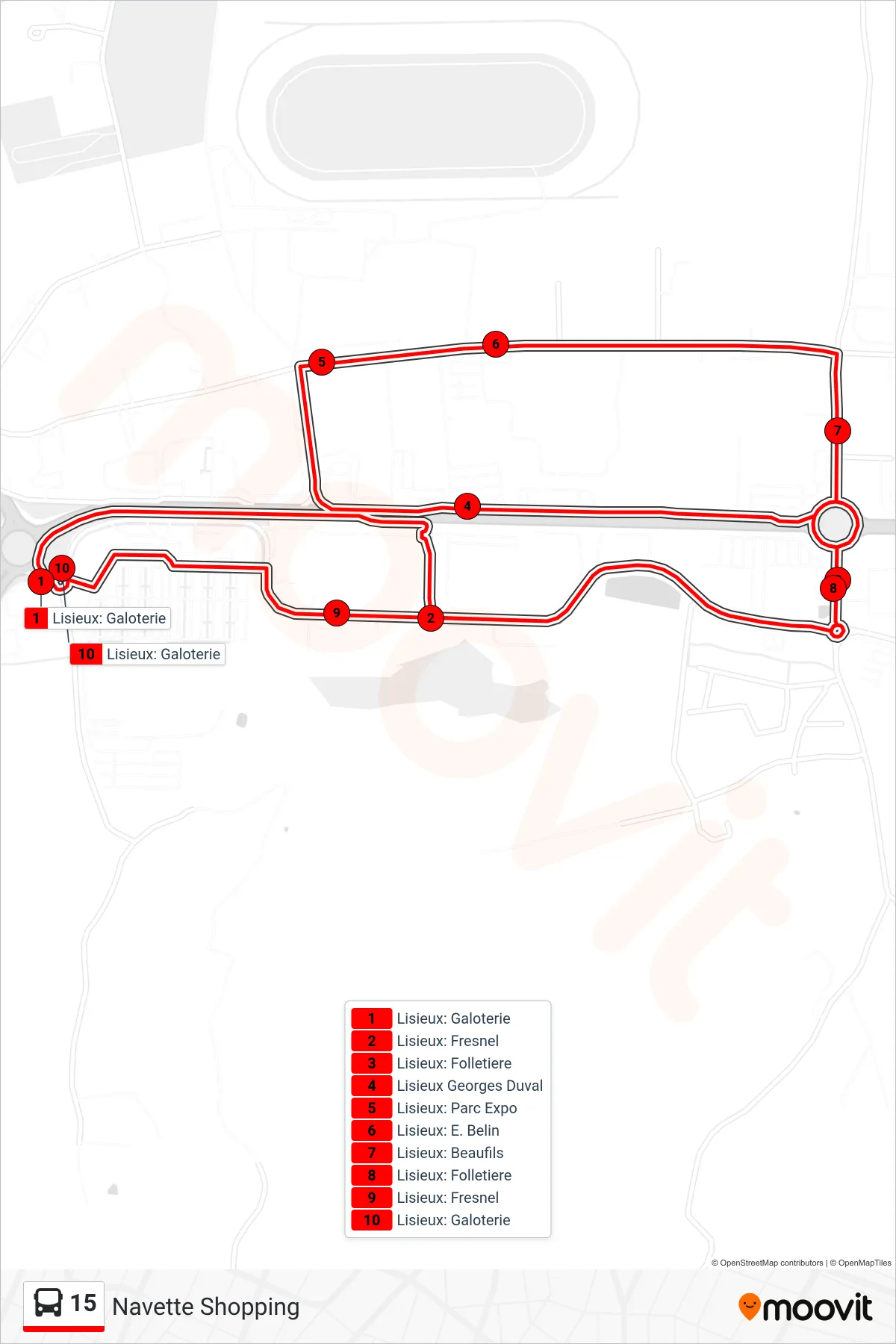 Tracé et arrêts de la ligne 15 de bus (Navette Shopping) sur une carte