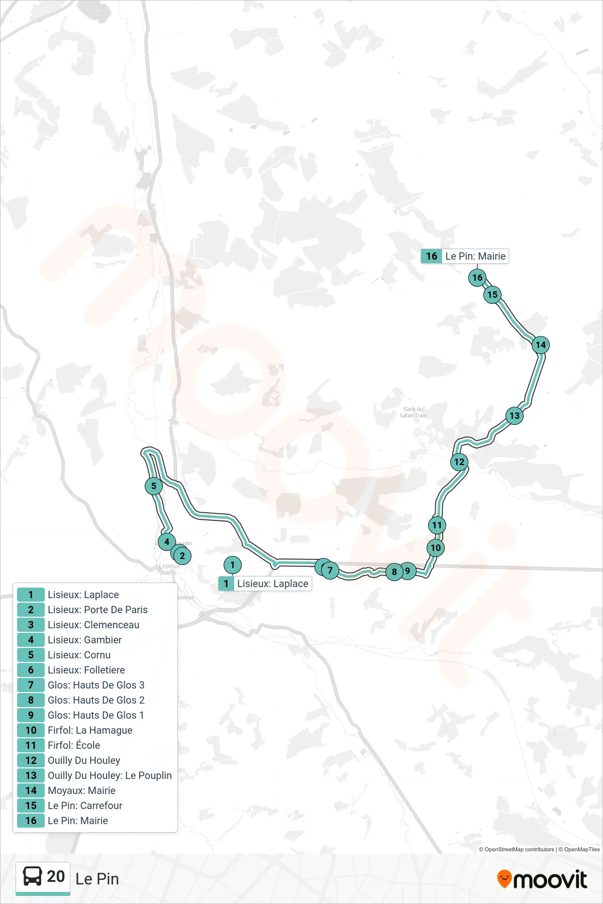 Tracé et arrêts de la ligne 20 de bus (Le Pin) sur une carte