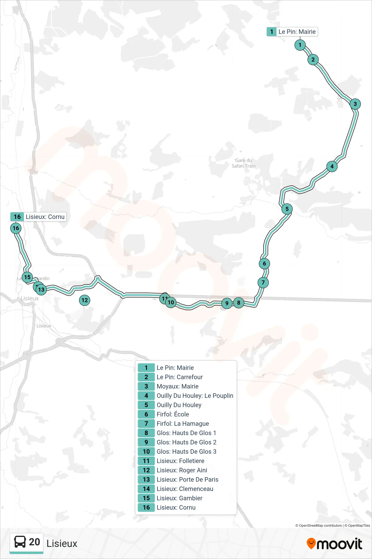 Tracé et arrêts de la ligne 20 de bus (Lisieux) sur une carte