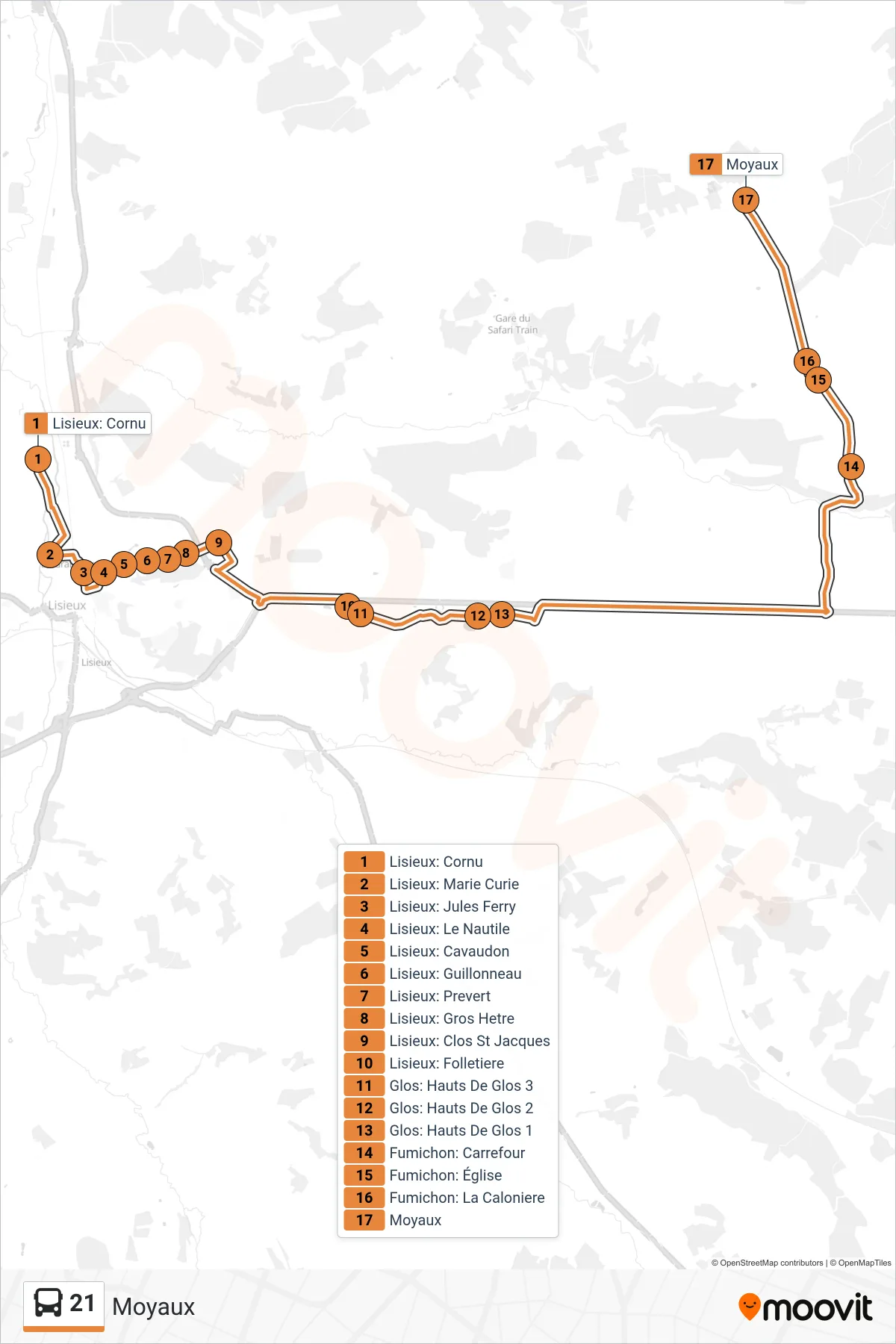 Tracé et arrêts de la ligne 21 de bus (Moyaux) sur une carte