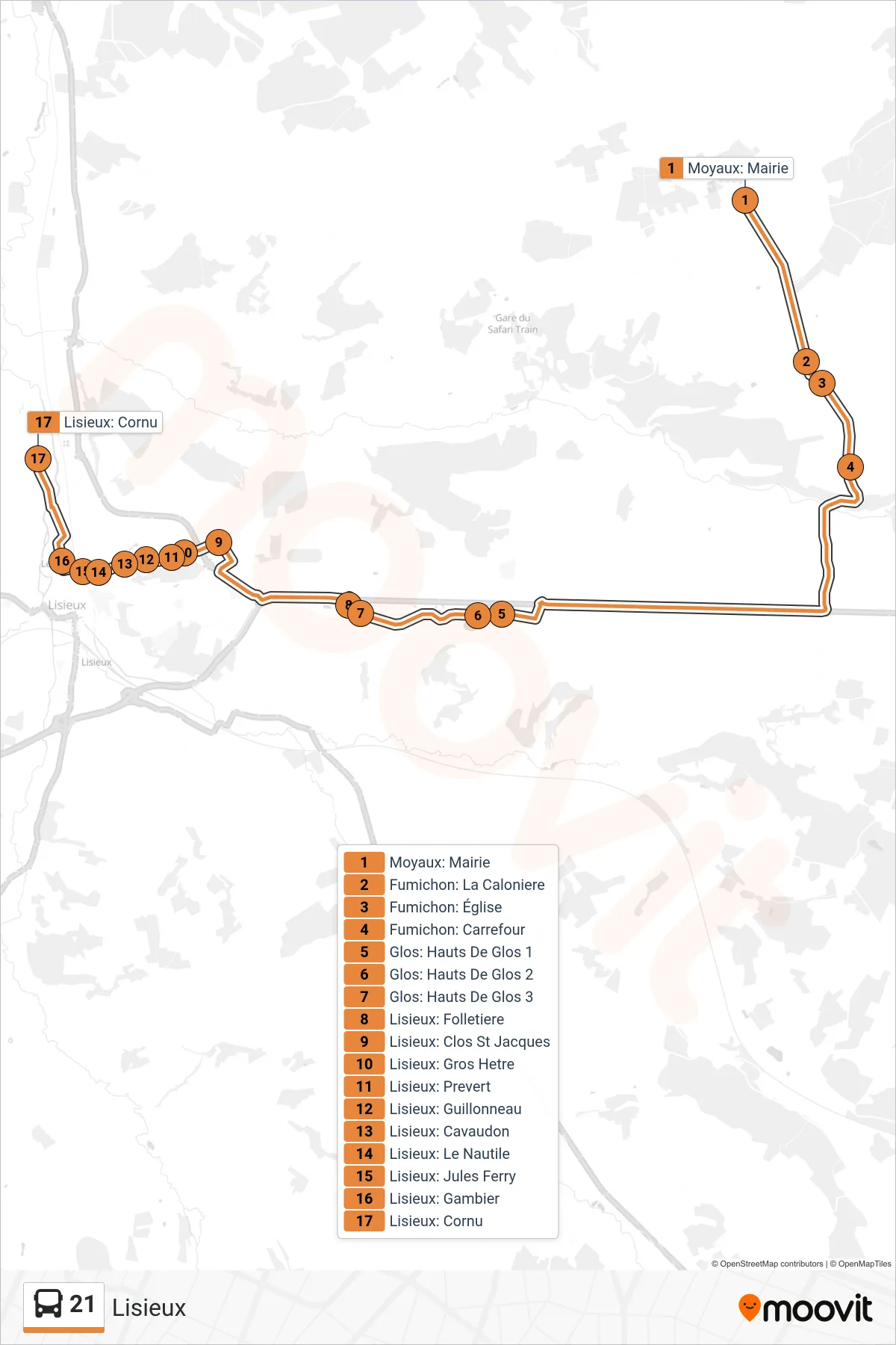 Tracé et arrêts de la ligne 21 de bus (Lisieux) sur une carte