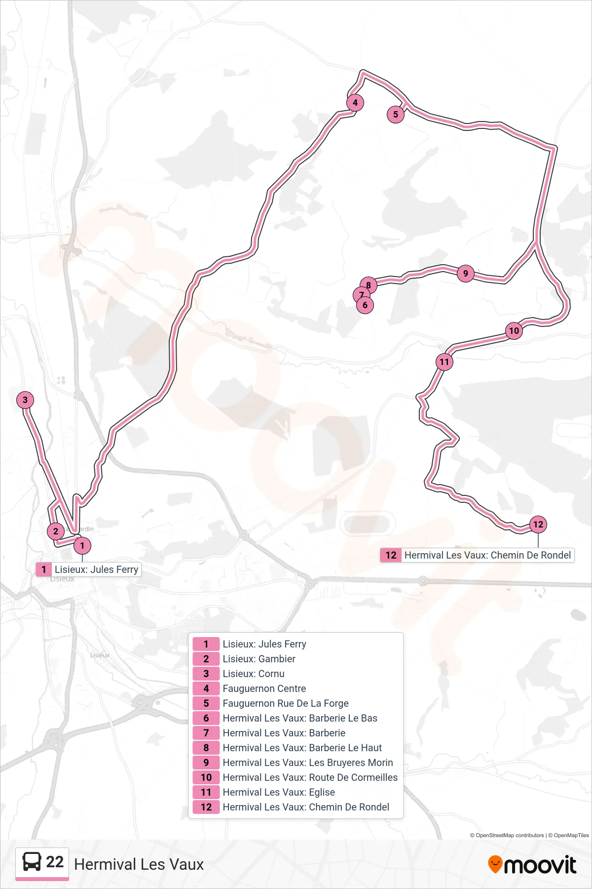 Tracé et arrêts de la ligne 22 de bus (Hermival Les Vaux) sur une carte