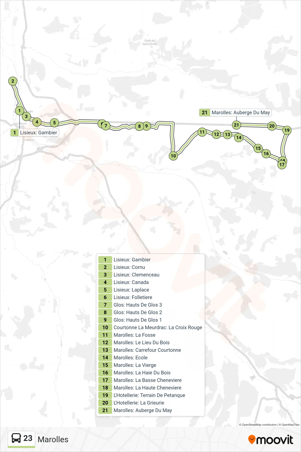 Tracé et arrêts de la ligne 23 de bus (Marolles) sur une carte