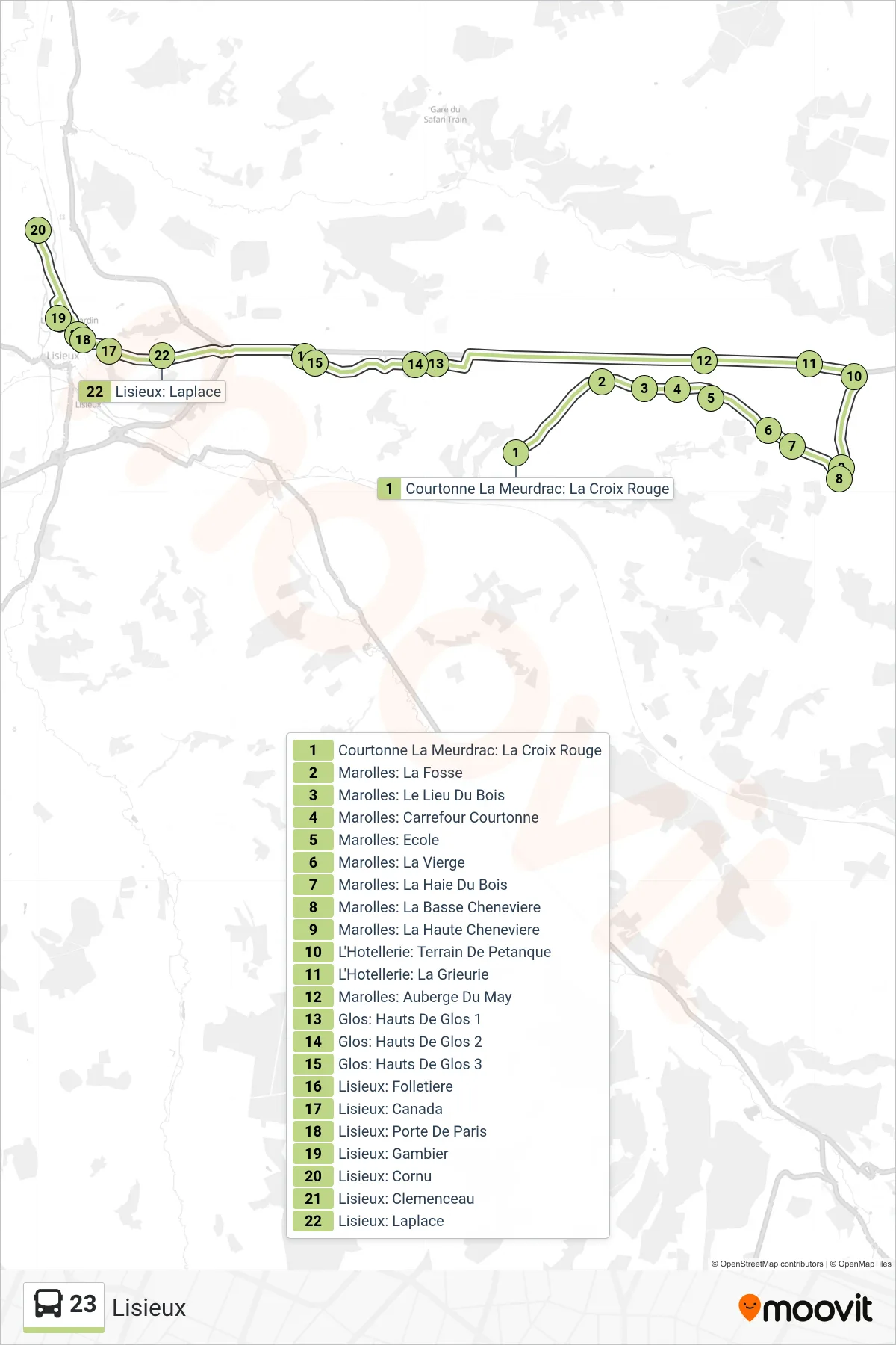 Tracé et arrêts de la ligne 23 de bus (Lisieux) sur une carte