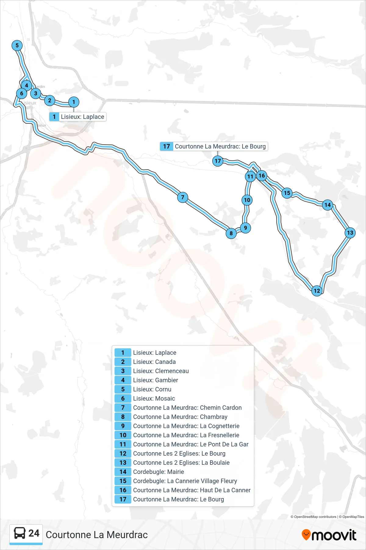 Tracé et arrêts de la ligne 24 de bus (Courtonne La Meurdrac) sur une carte