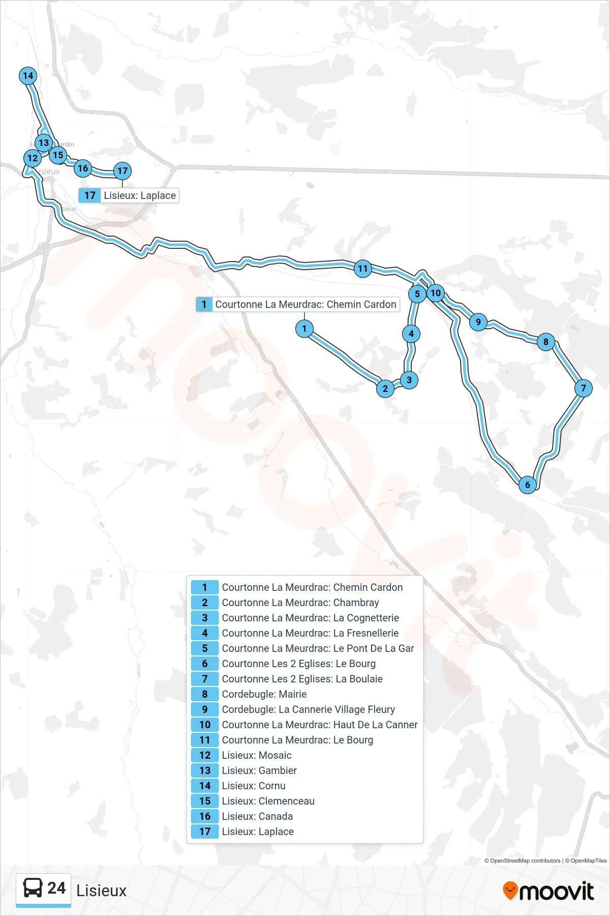 Tracé et arrêts de la ligne 24 de bus (Lisieux) sur une carte