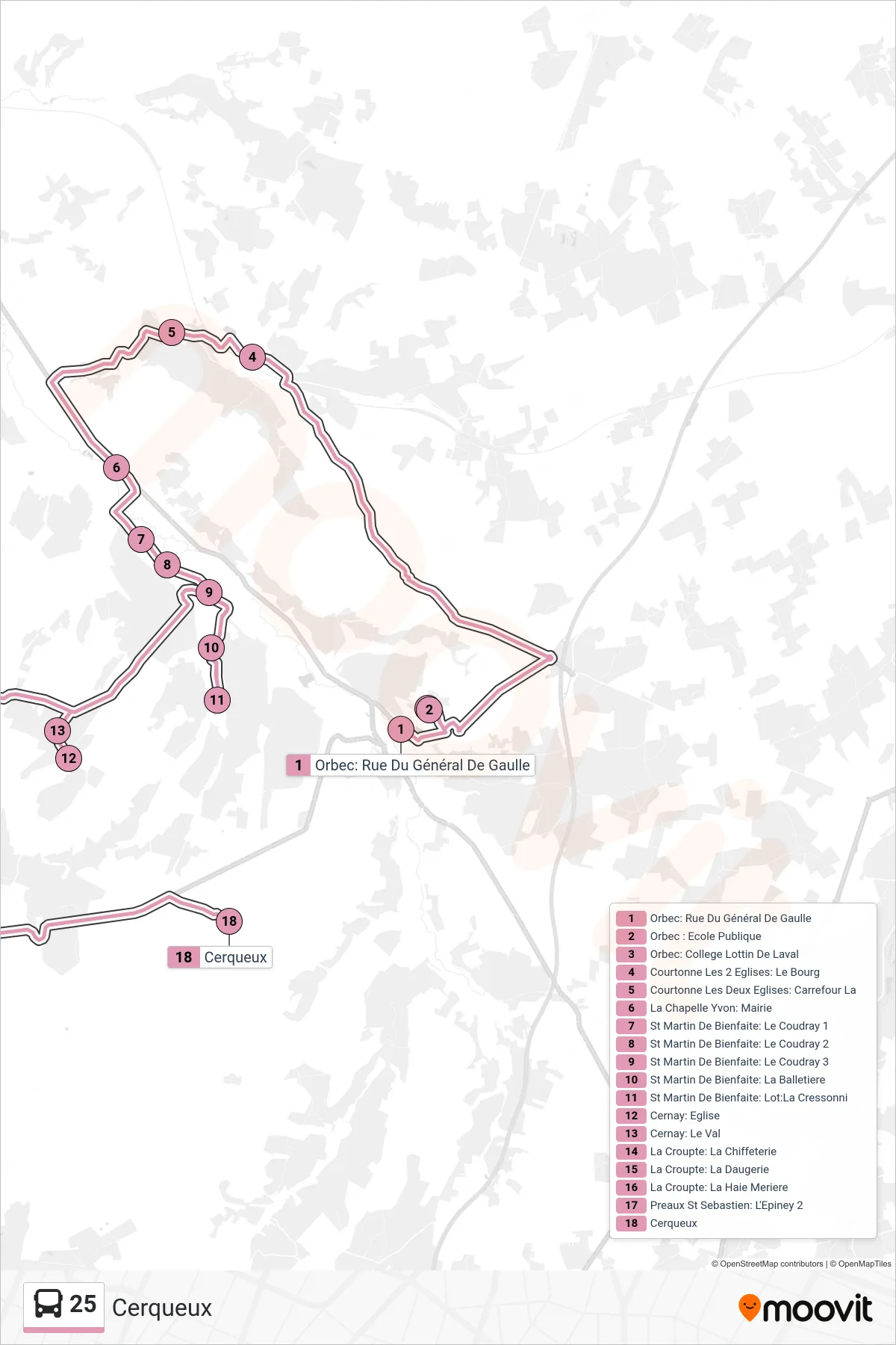 Tracé et arrêts de la ligne 25 de bus (Cerqueux) sur une carte