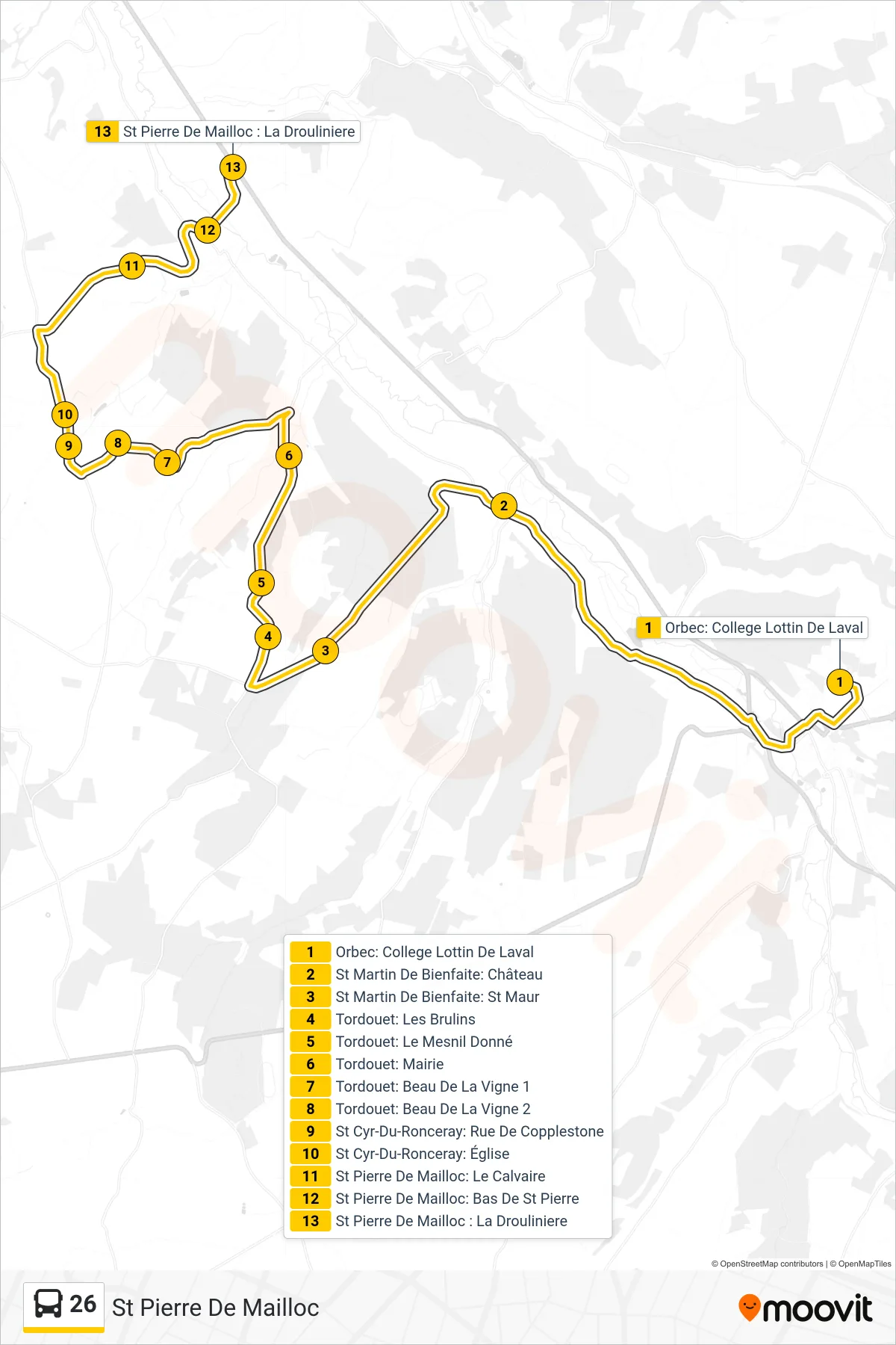 Tracé et arrêts de la ligne 26 de bus (St Pierre De Mailloc) sur une carte