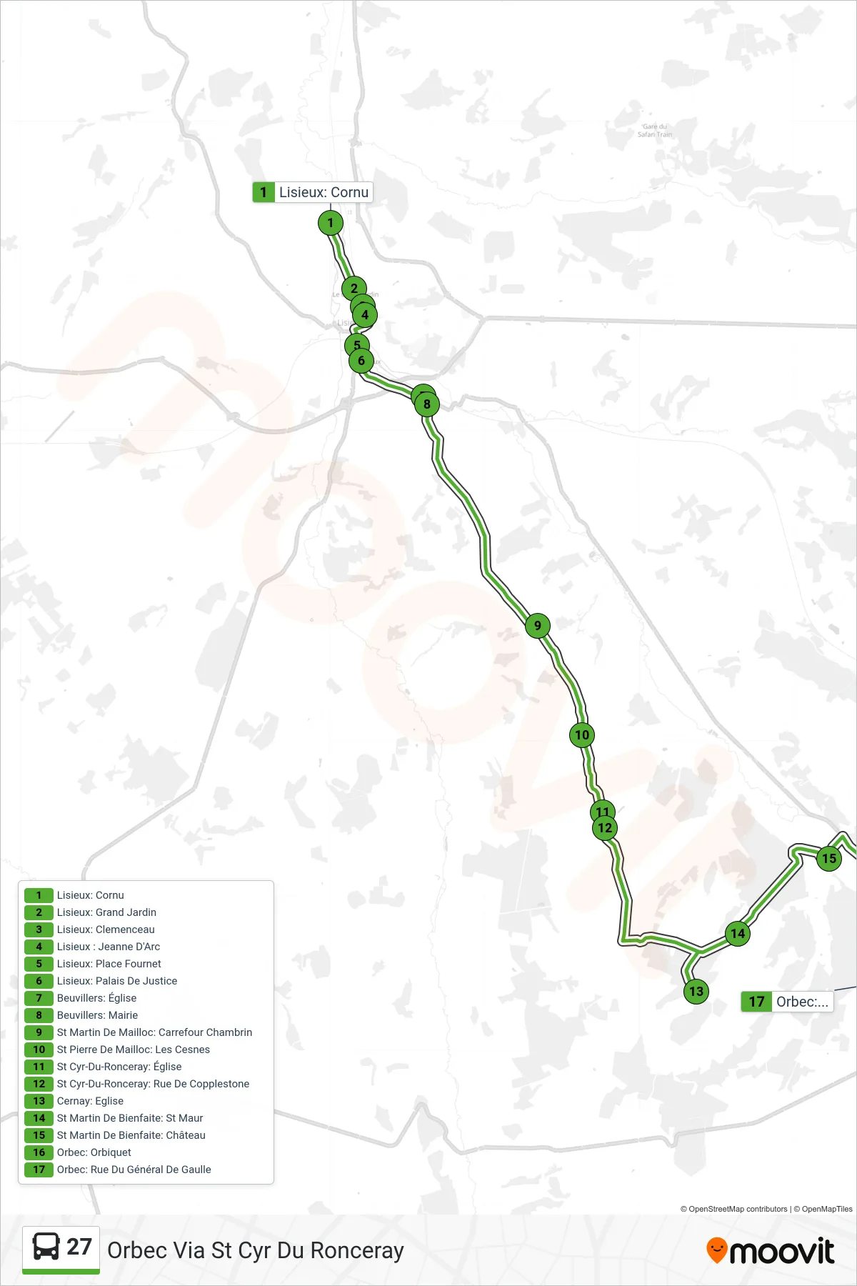 Tracé et arrêts de la ligne 27 de bus (Orbec Via St Cyr Du Ronceray) sur une carte