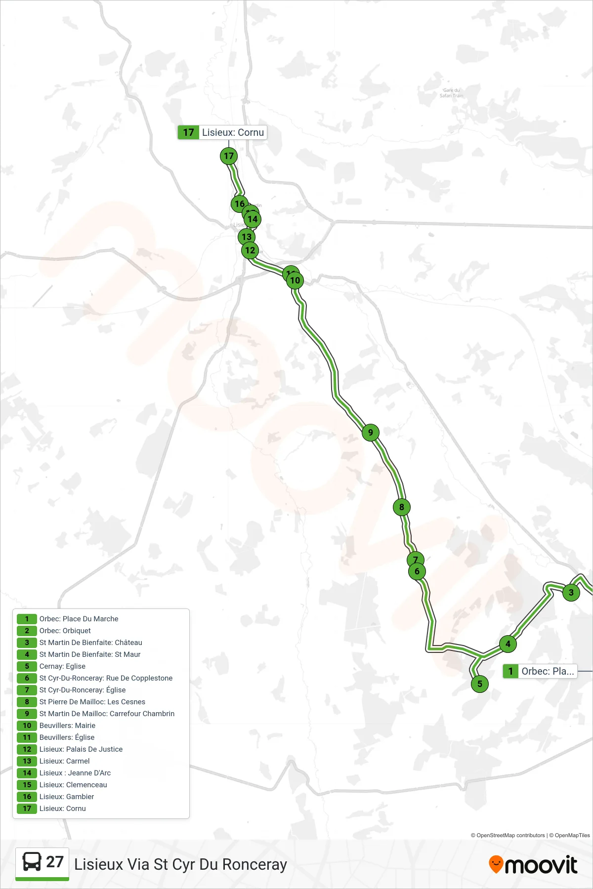 Tracé et arrêts de la ligne 27 de bus (Lisieux Via St Cyr Du Ronceray) sur une carte