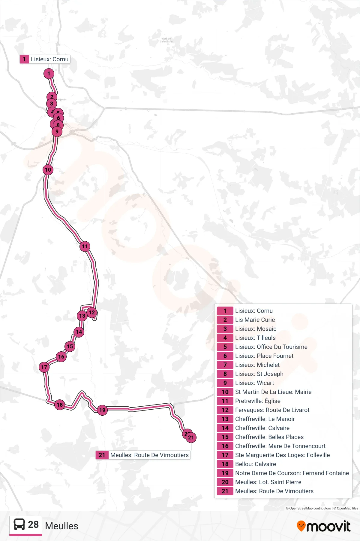 Tracé et arrêts de la ligne 28 de bus (Meulles) sur une carte
