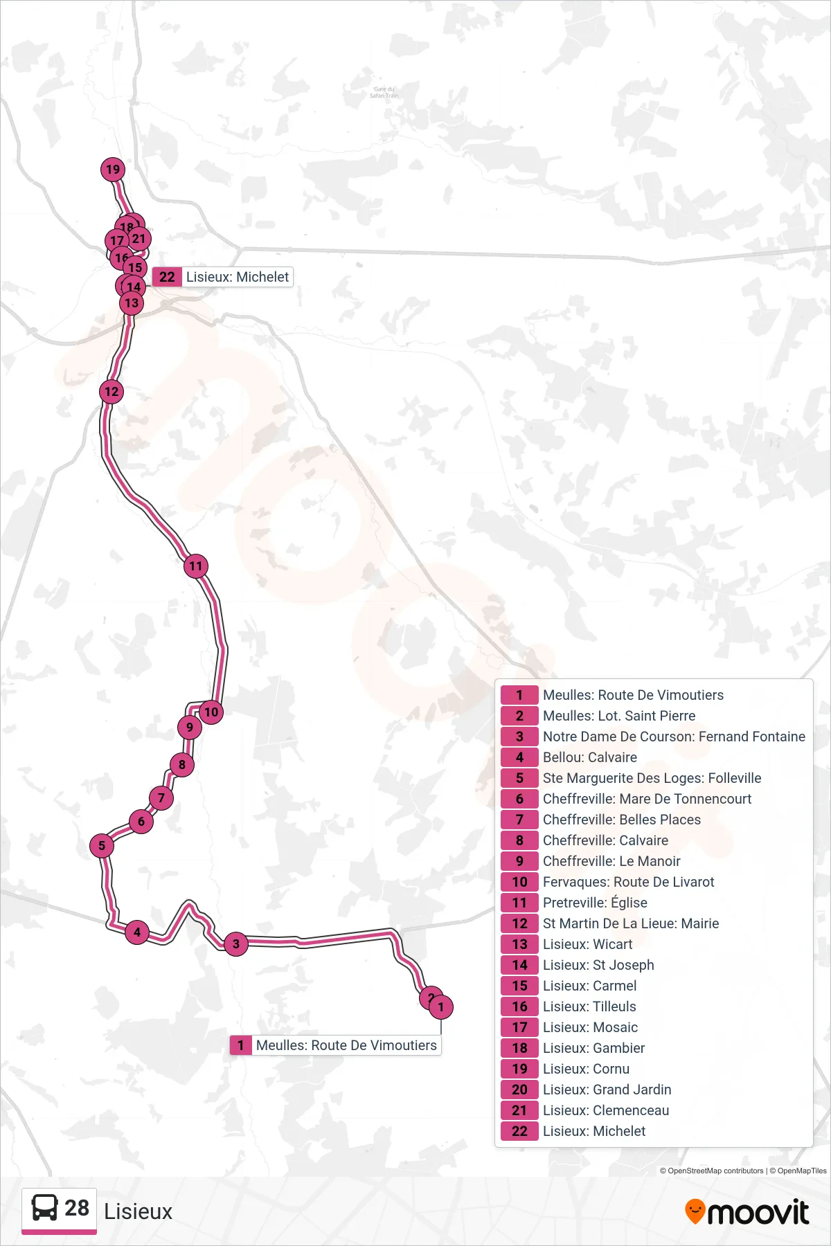 Tracé et arrêts de la ligne 28 de bus (Lisieux) sur une carte