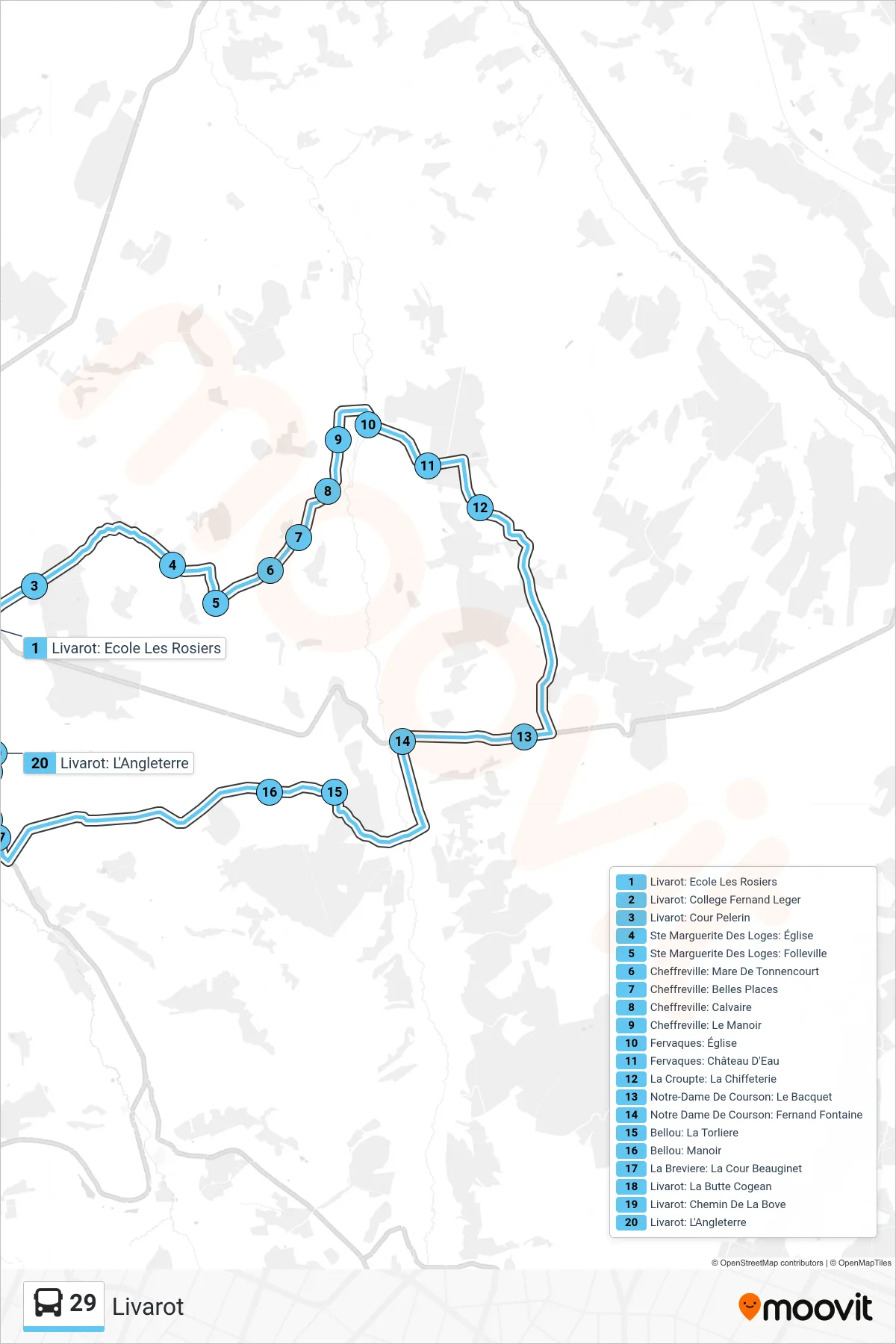 Tracé et arrêts de la ligne 29 de bus (Livarot) sur une carte