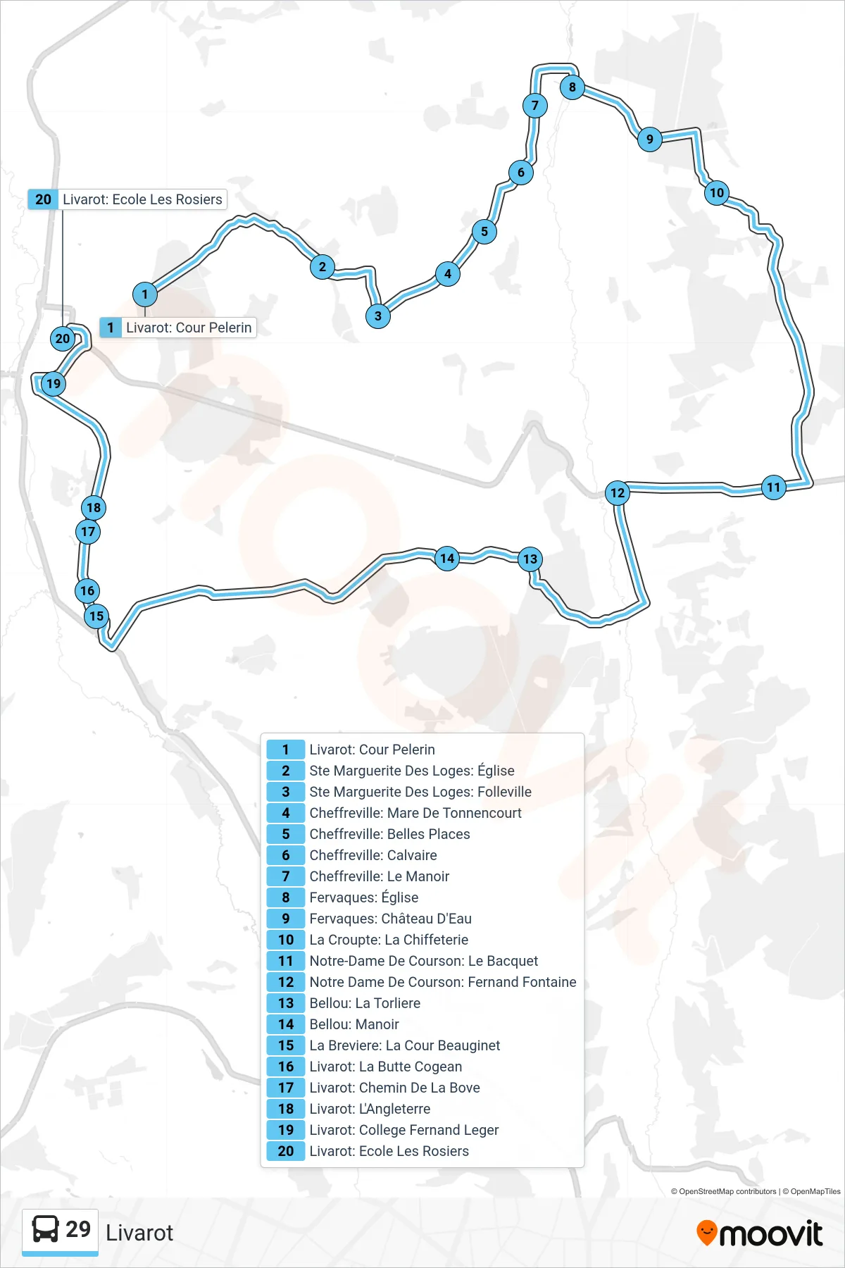 Tracé et arrêts de la ligne 29 de bus (Livarot) sur une carte