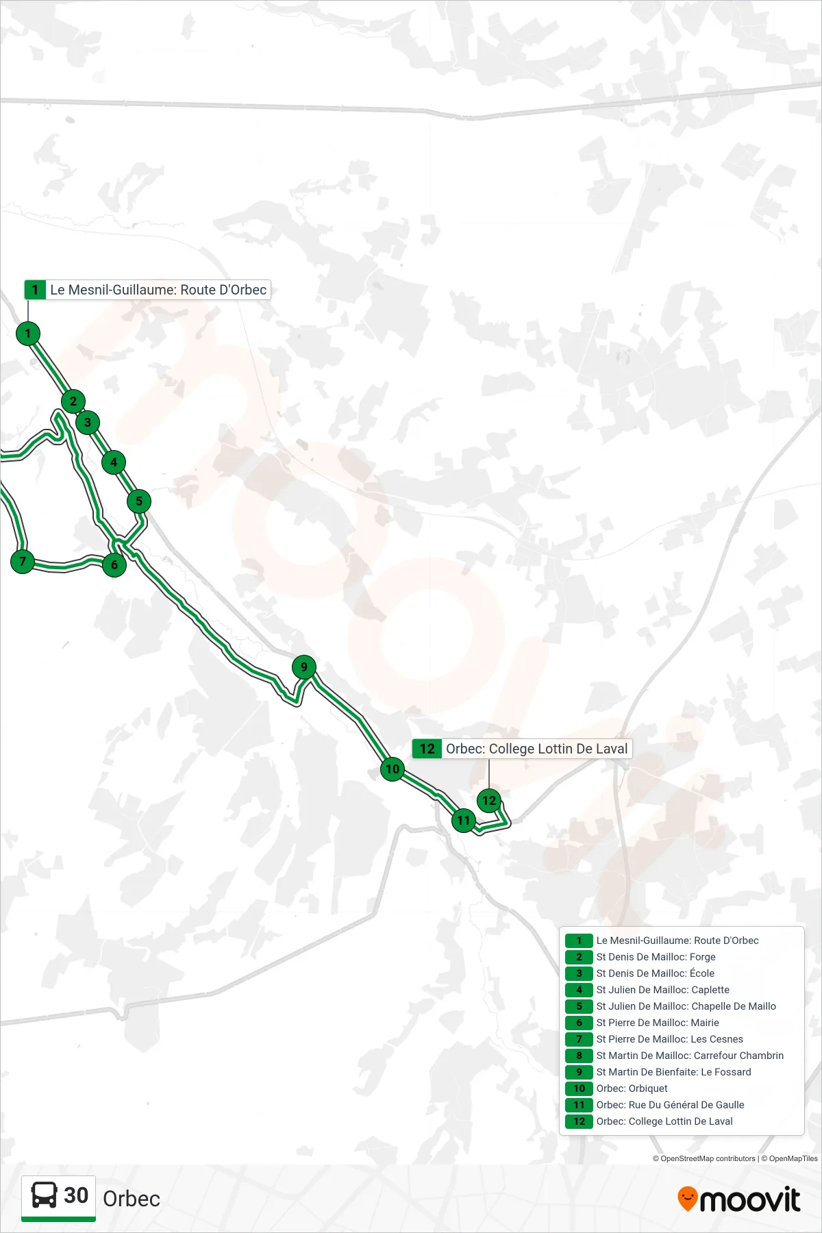 Tracé et arrêts de la ligne 30 de bus (Orbec) sur une carte