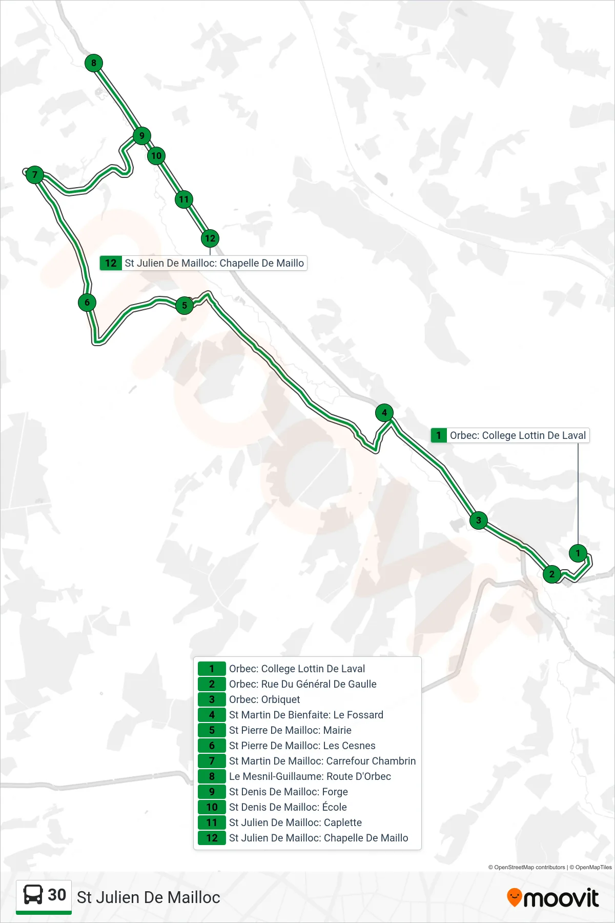 Tracé et arrêts de la ligne 30 de bus (St Julien De Mailloc) sur une carte