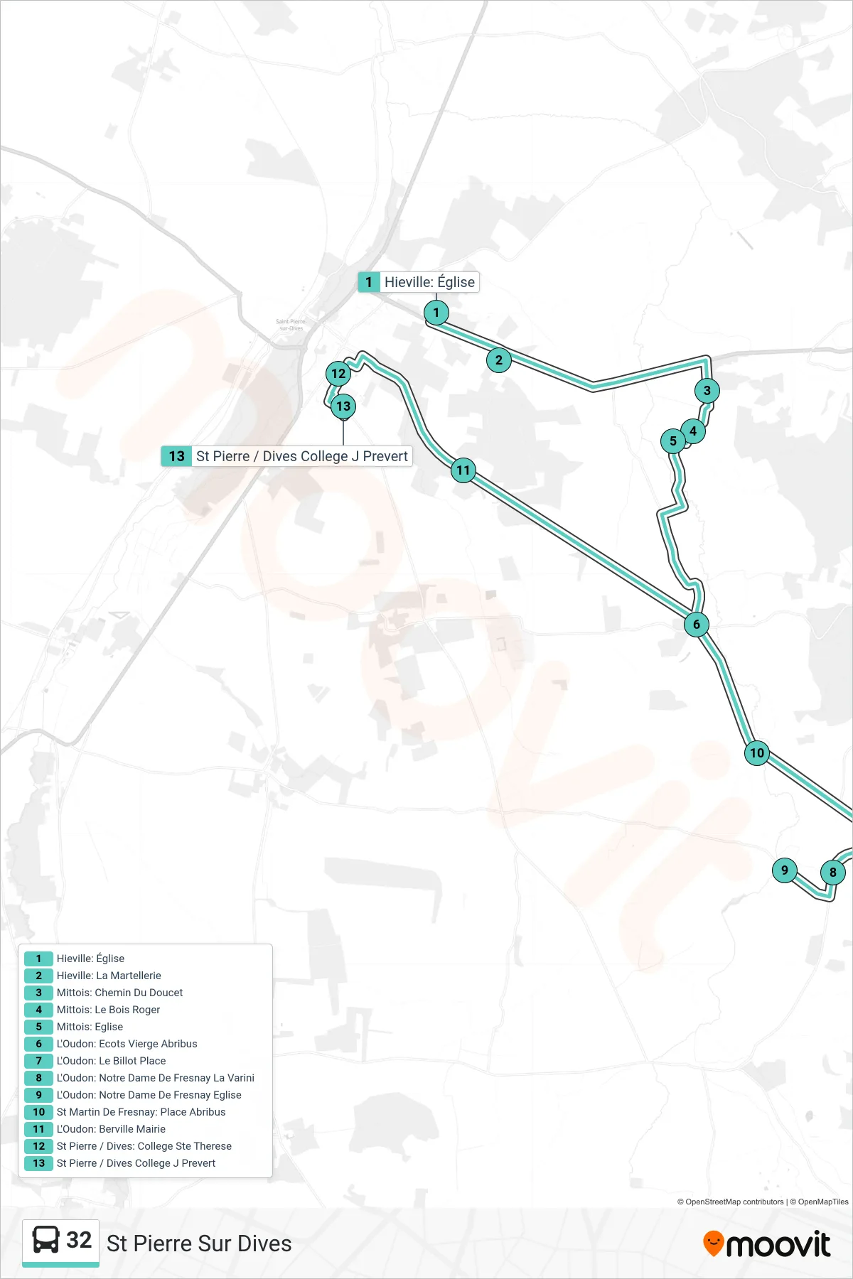 Tracé et arrêts de la ligne 32 de bus (St Pierre Sur Dives) sur une carte