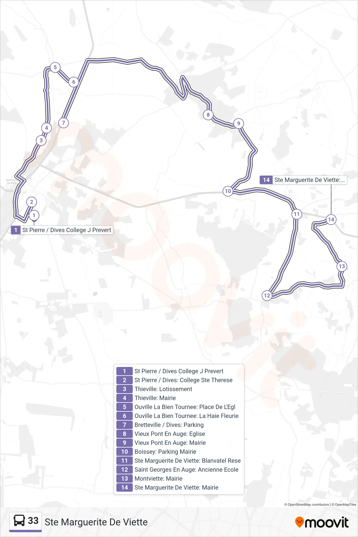 Tracé et arrêts de la ligne 33 de bus (Ste Marguerite De Viette) sur une carte