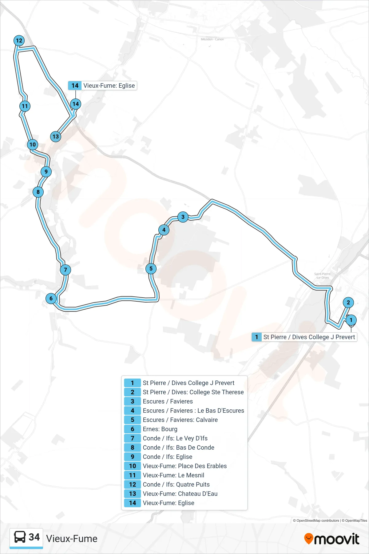 Tracé et arrêts de la ligne 34 de bus (Vieux-Fume) sur une carte