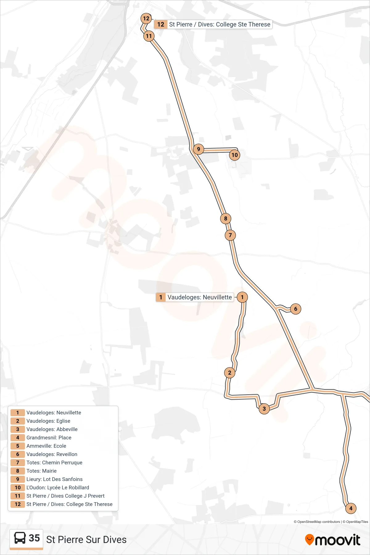 Recorrido y paradas de la línea 35 de autobús (St Pierre Sur Dives) en el mapa