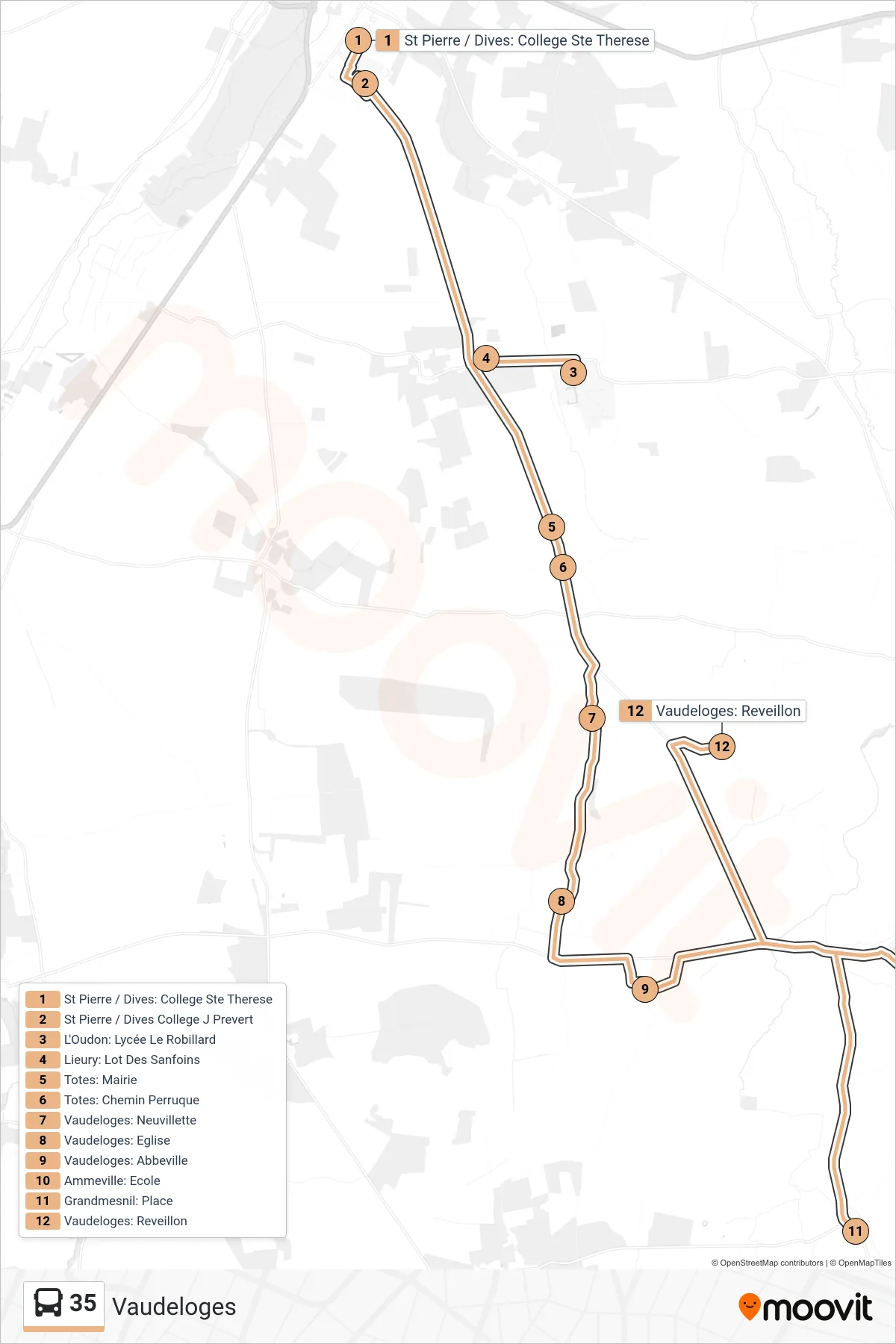 Tracé et arrêts de la ligne 35 de bus (Vaudeloges) sur une carte