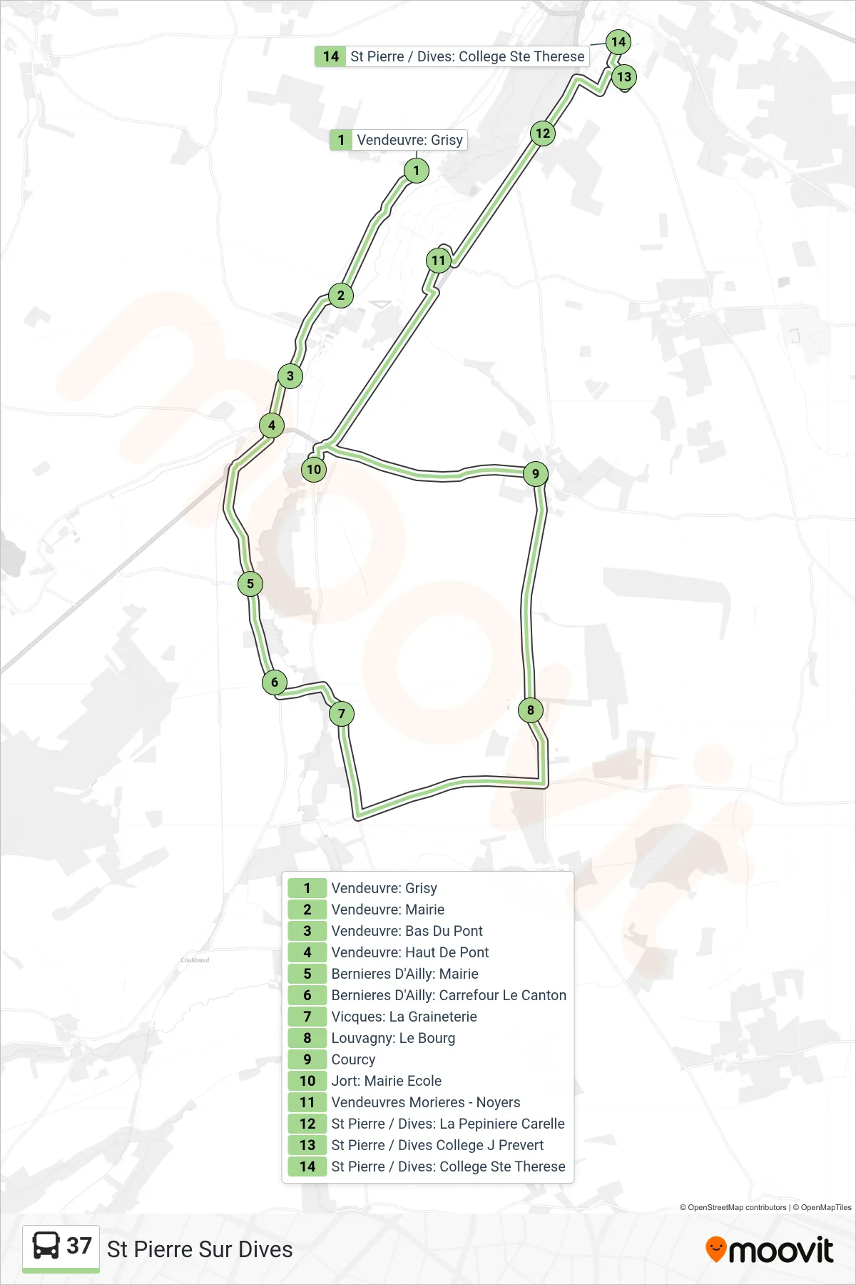 Tracé et arrêts de la ligne 37 de bus (St Pierre Sur Dives) sur une carte
