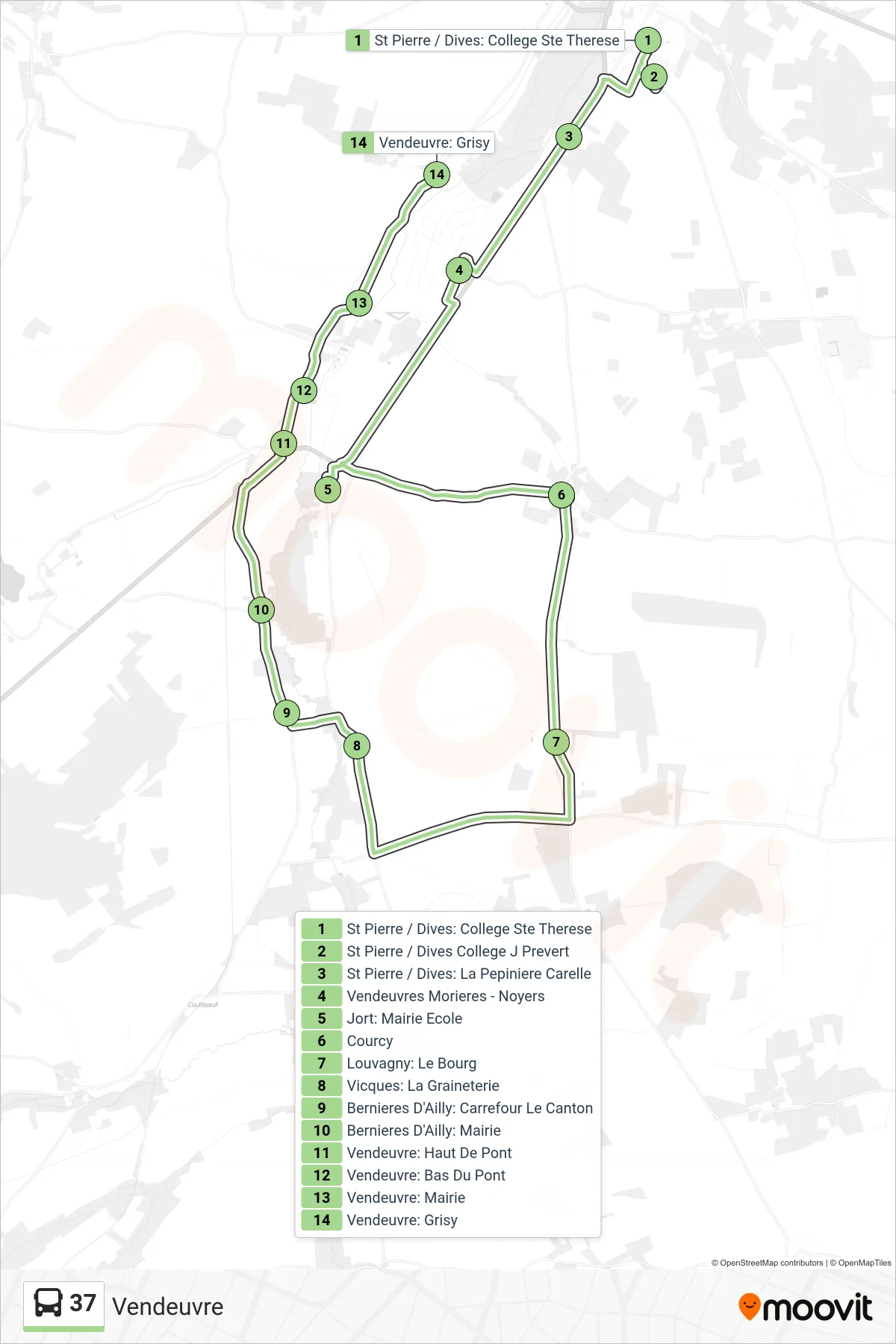 Tracé et arrêts de la ligne 37 de bus (Vendeuvre) sur une carte