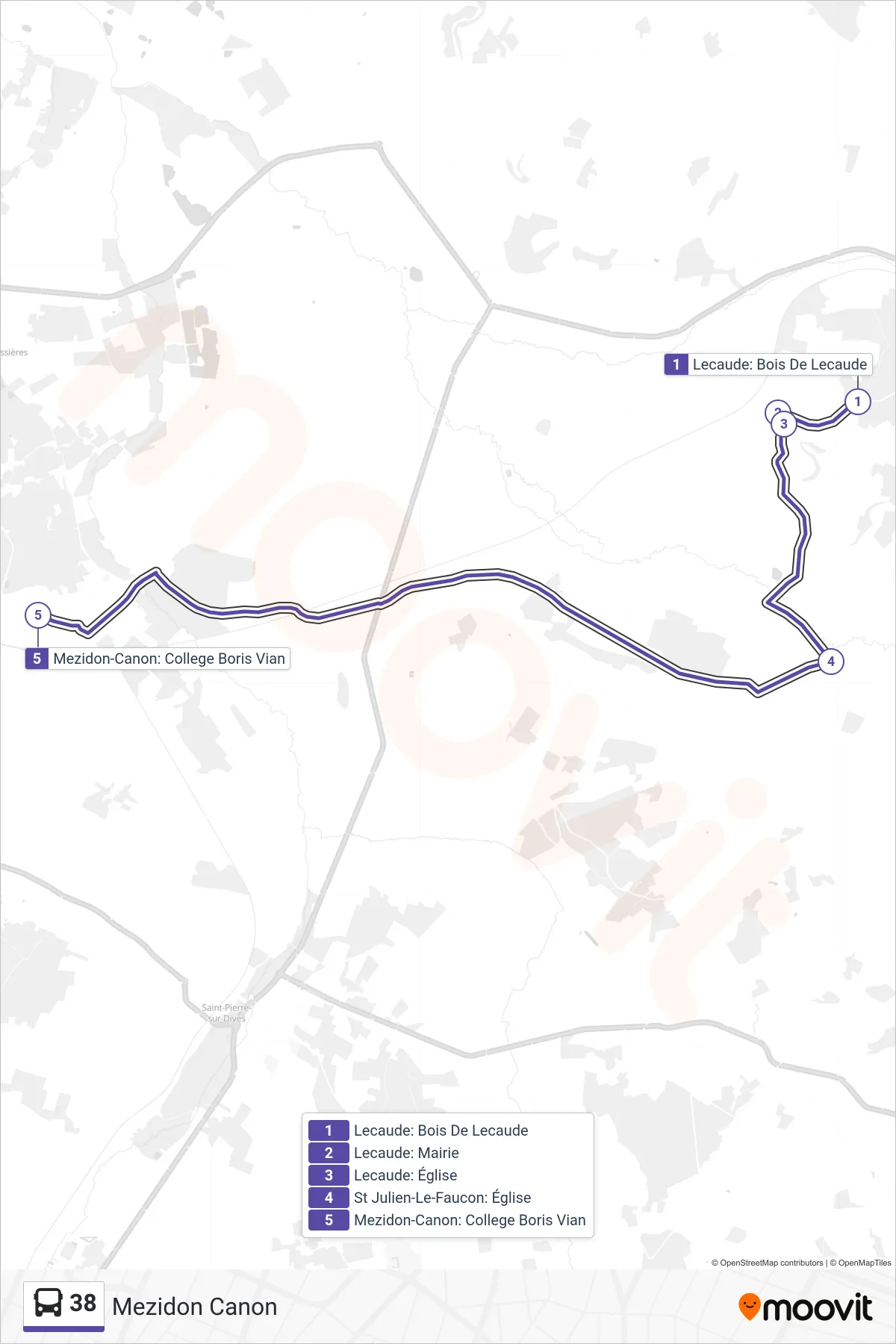 Tracé et arrêts de la ligne 38 de bus (Mezidon Canon) sur une carte