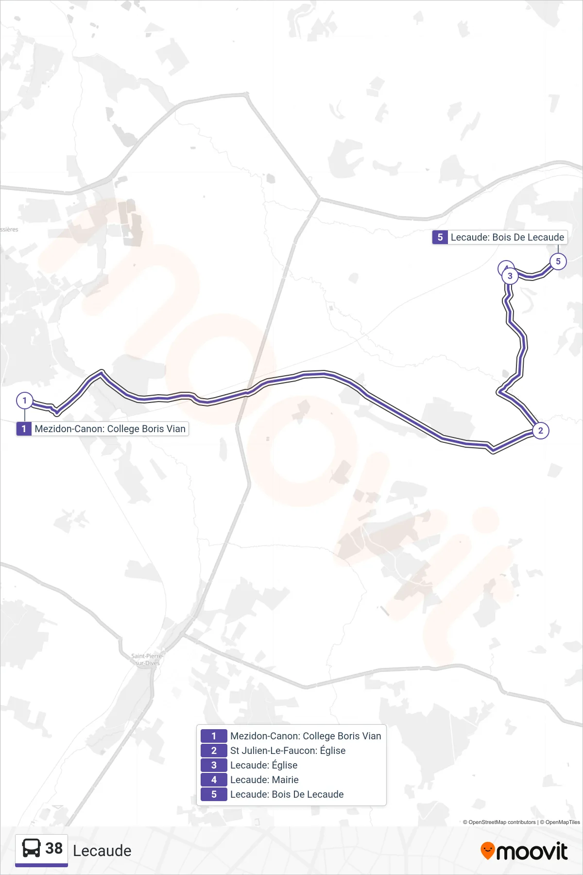 Tracé et arrêts de la ligne 38 de bus (Lecaude) sur une carte