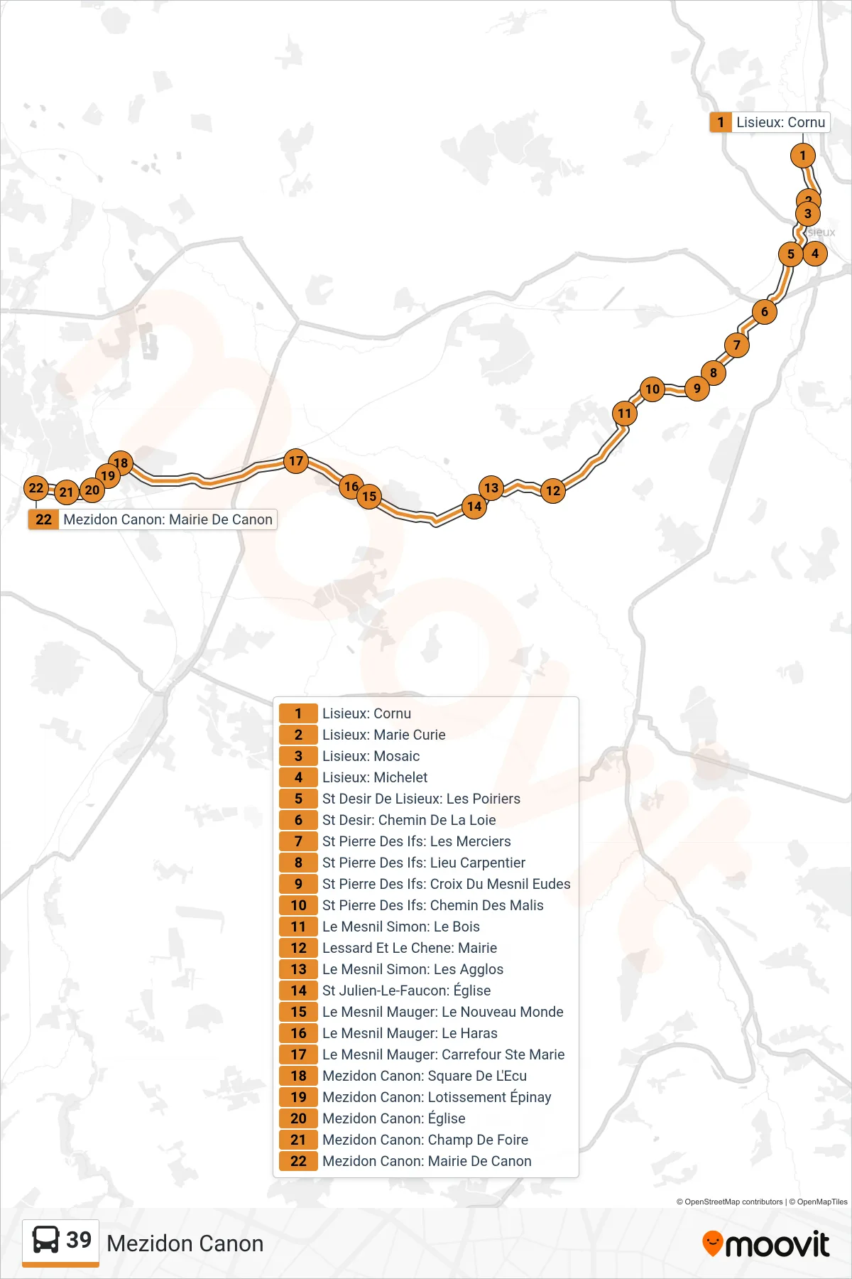 Tracé et arrêts de la ligne 39 de bus (Mezidon Canon) sur une carte