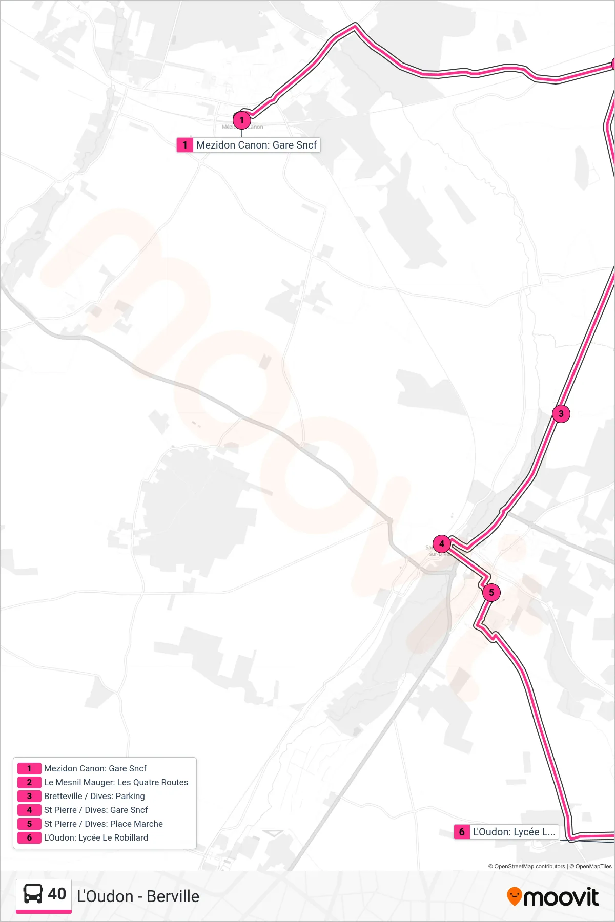 Tracé et arrêts de la ligne 40 de bus (L'Oudon - Berville) sur une carte