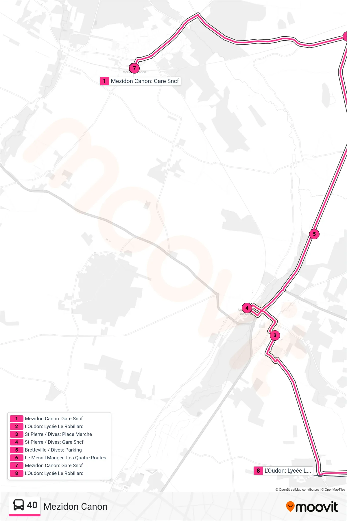 Tracé et arrêts de la ligne 40 de bus (Mezidon Canon) sur une carte