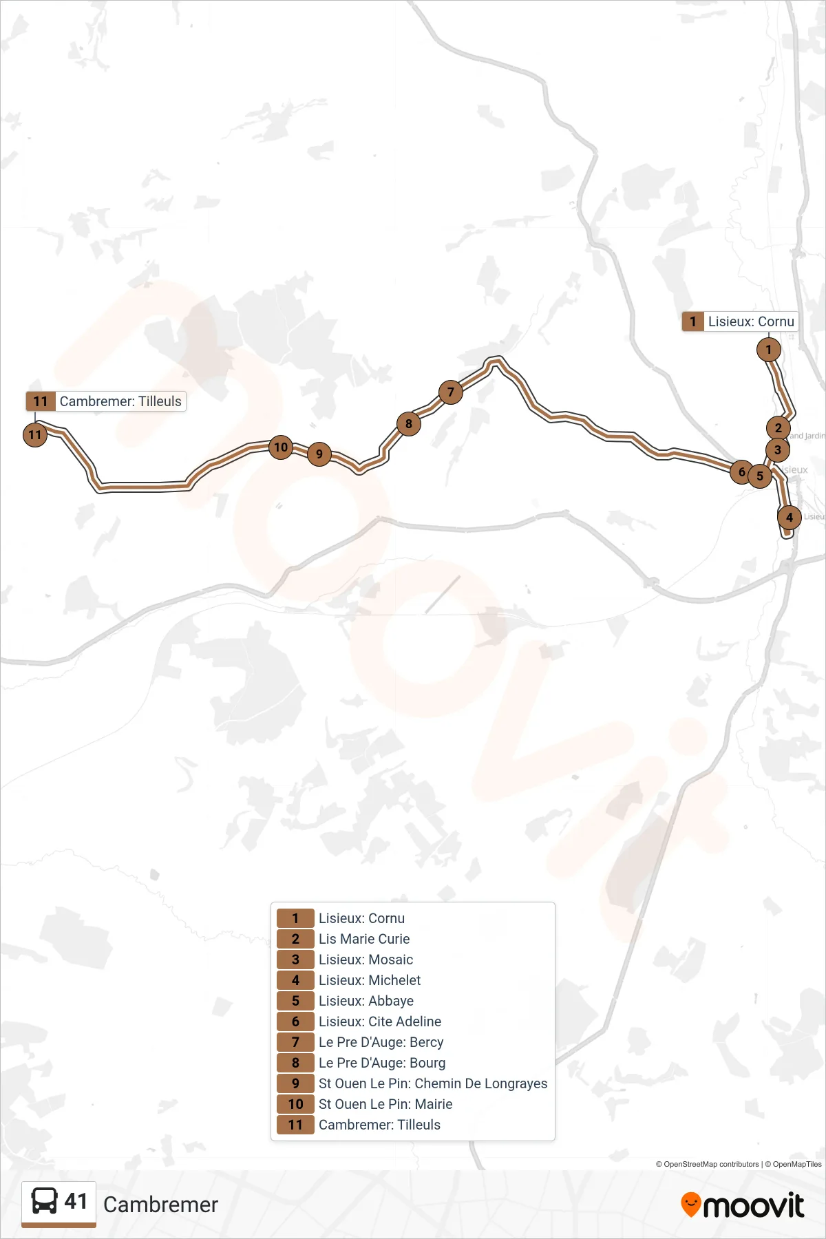 Tracé et arrêts de la ligne 41 de bus (Cambremer) sur une carte