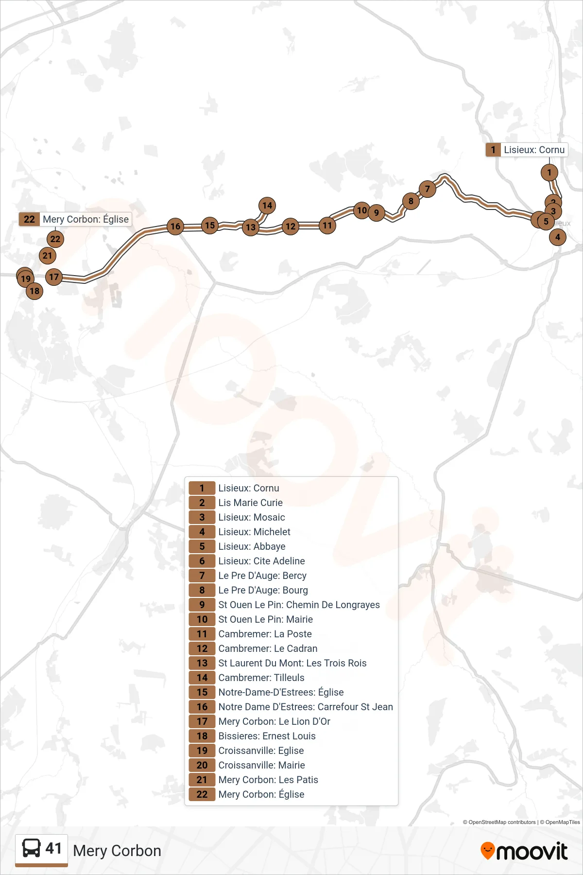 Tracé et arrêts de la ligne 41 de bus (Mery Corbon) sur une carte