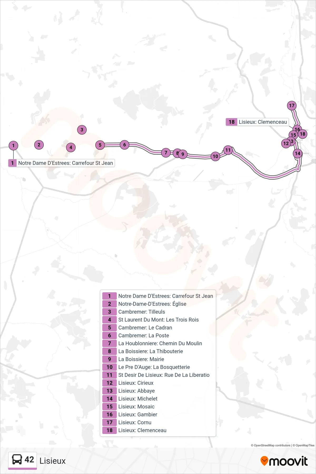Tracé et arrêts de la ligne 42 de bus (Lisieux) sur une carte