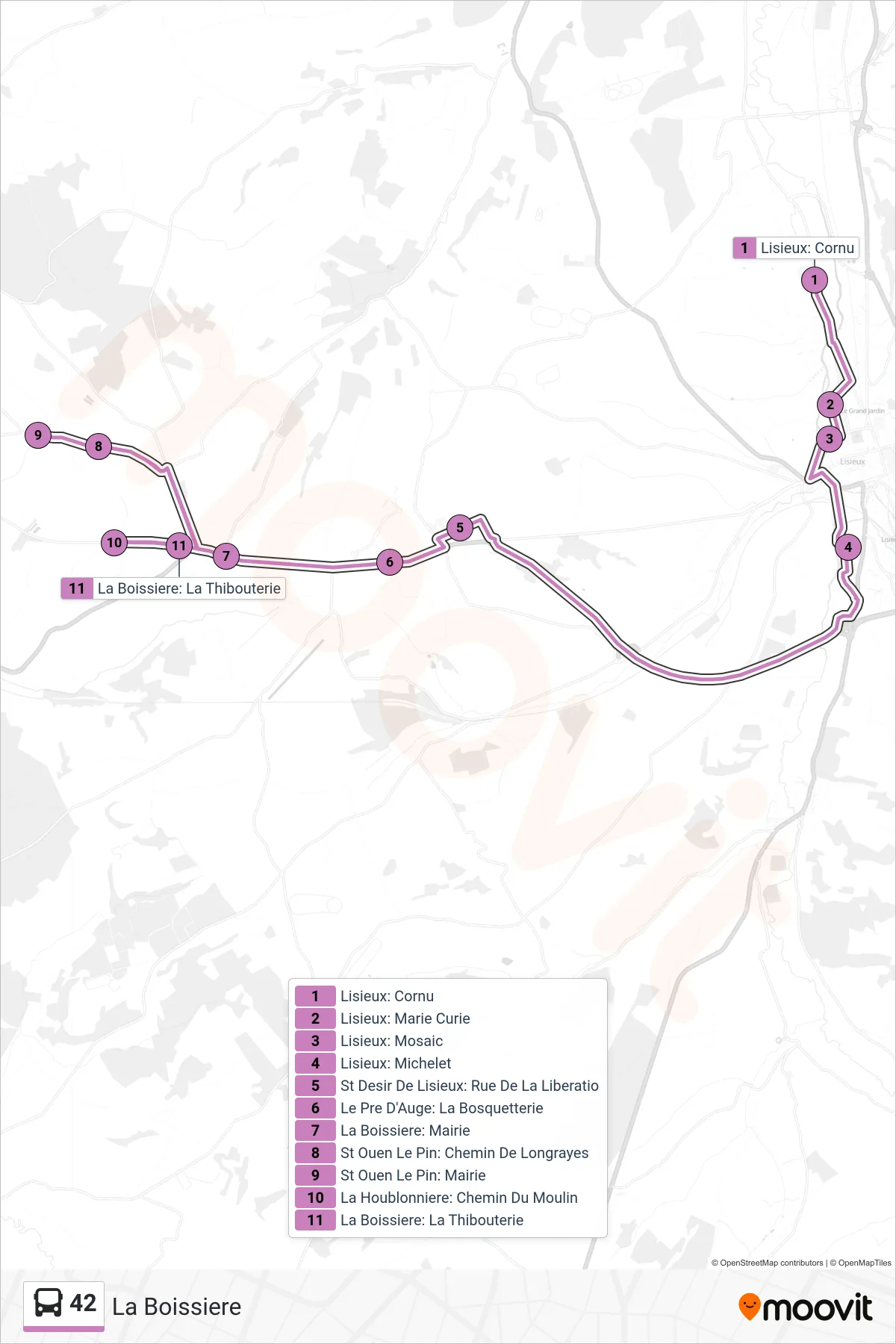 Tracé et arrêts de la ligne 42 de bus (La Boissiere) sur une carte