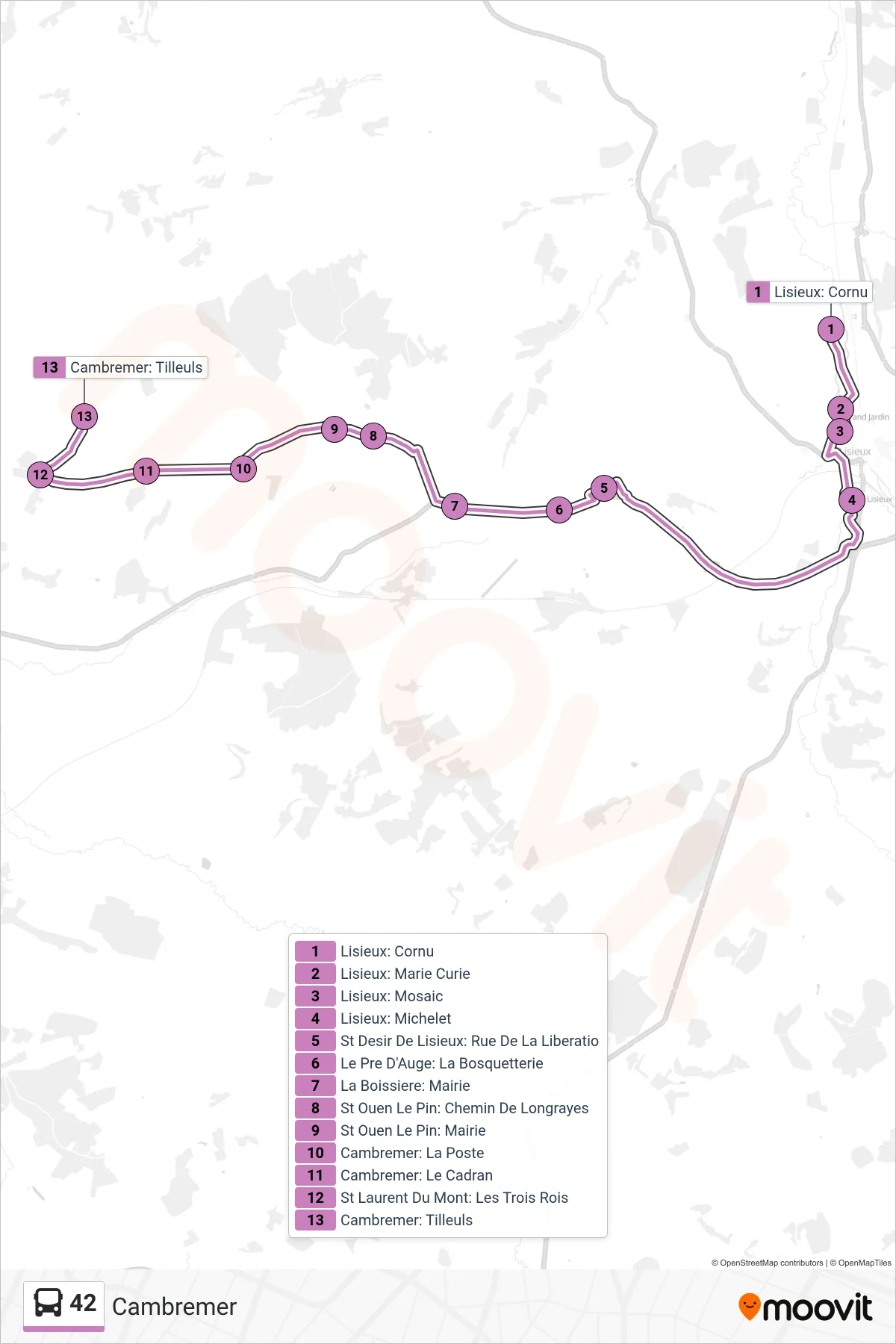 Tracé et arrêts de la ligne 42 de bus (Cambremer) sur une carte
